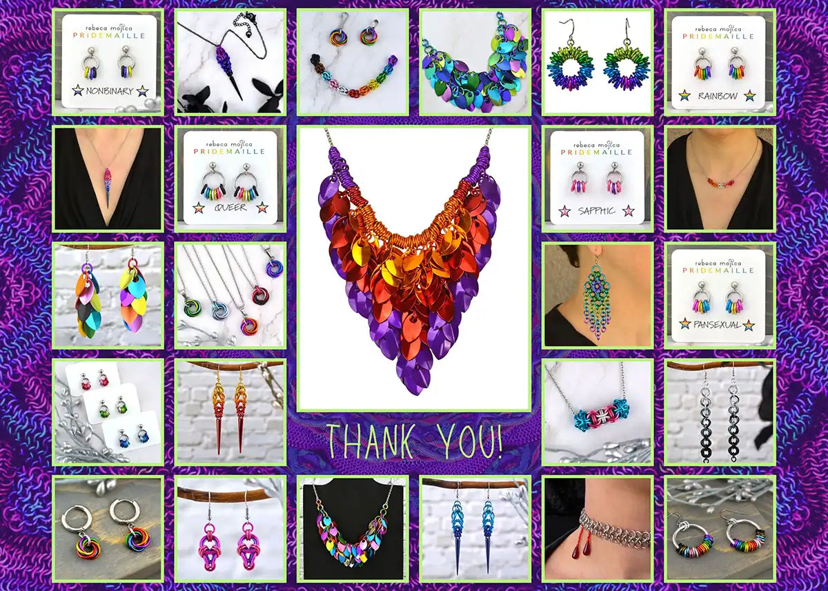 Collage of bold and vivid chainmaille and scalemaille jewelry by artisan Rebeca Mojica, with the words "Thank you!" in the center, underneath a large statement necklace in an orange, red, violet ombre.