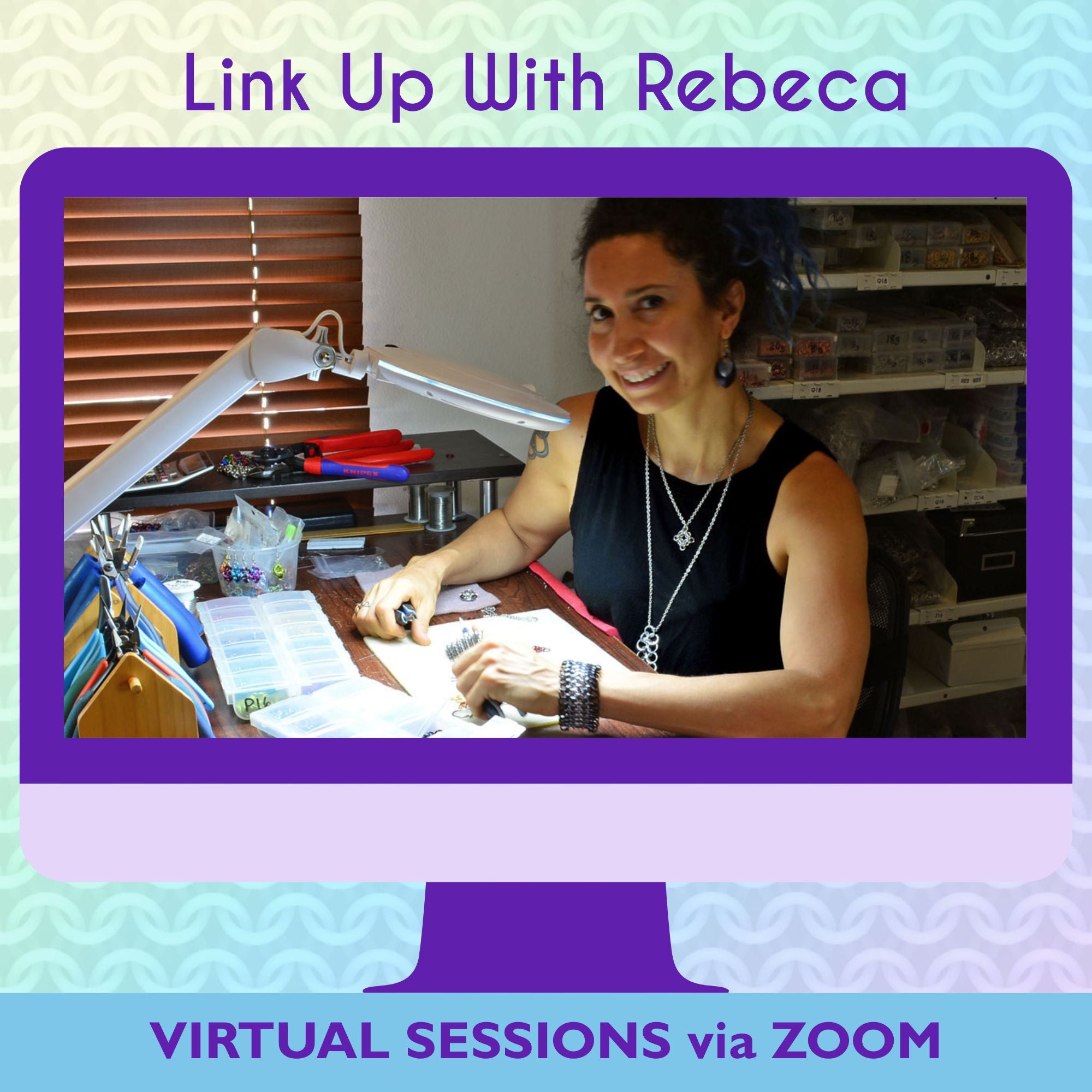 Graphic promoting Rebeca Mojica virtual 1-on-1 jewelry design and creative business mentoring sessions via Zoom, featuring chainmaille instruction, Etsy and Shopify shop audits, and wholesale strategy.