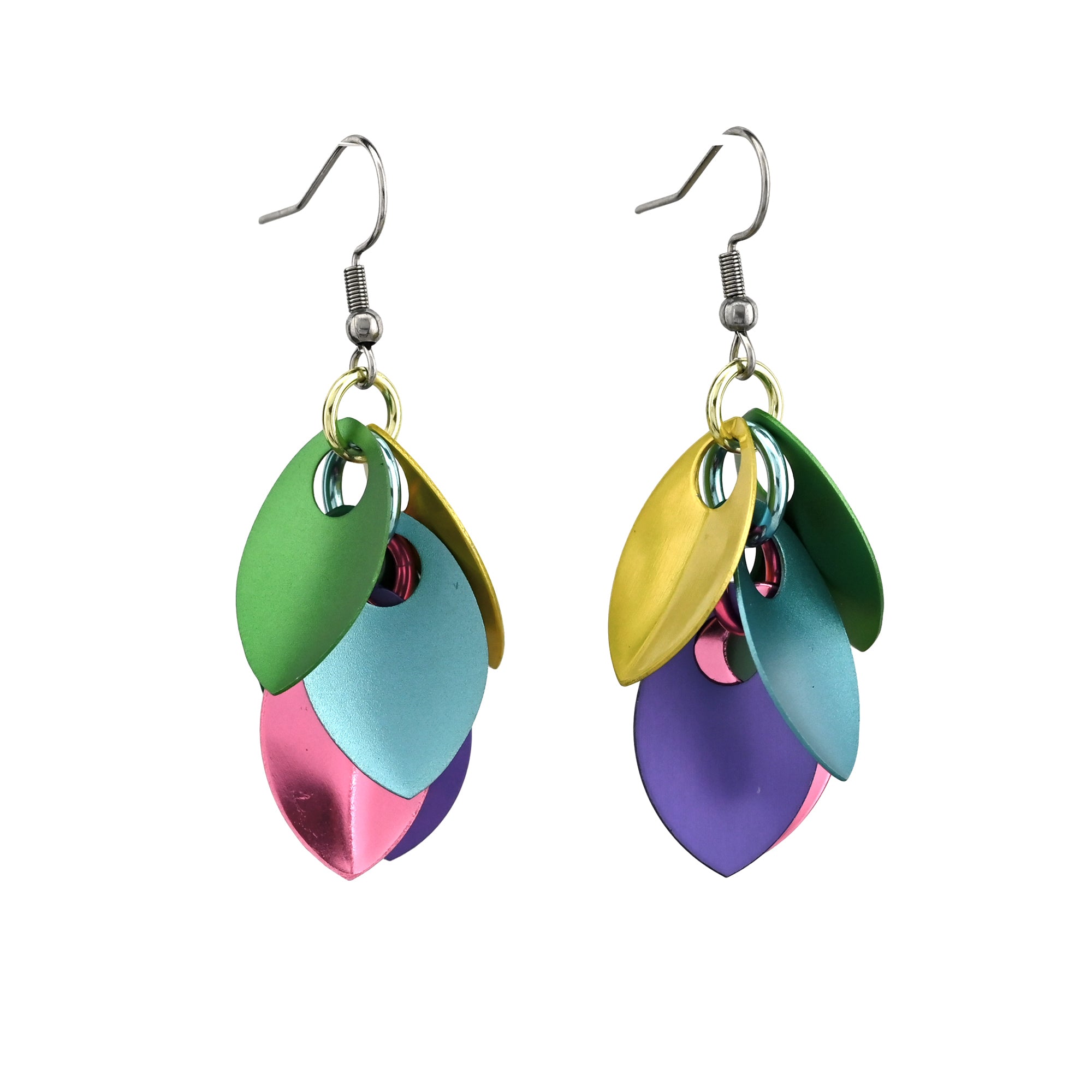 A pair of Blossom Cascading Leaves Earrings featuring overlapping aluminum scales in a soft ombre of yellow, fern, aqua, lilac, and pink against a plain white background.