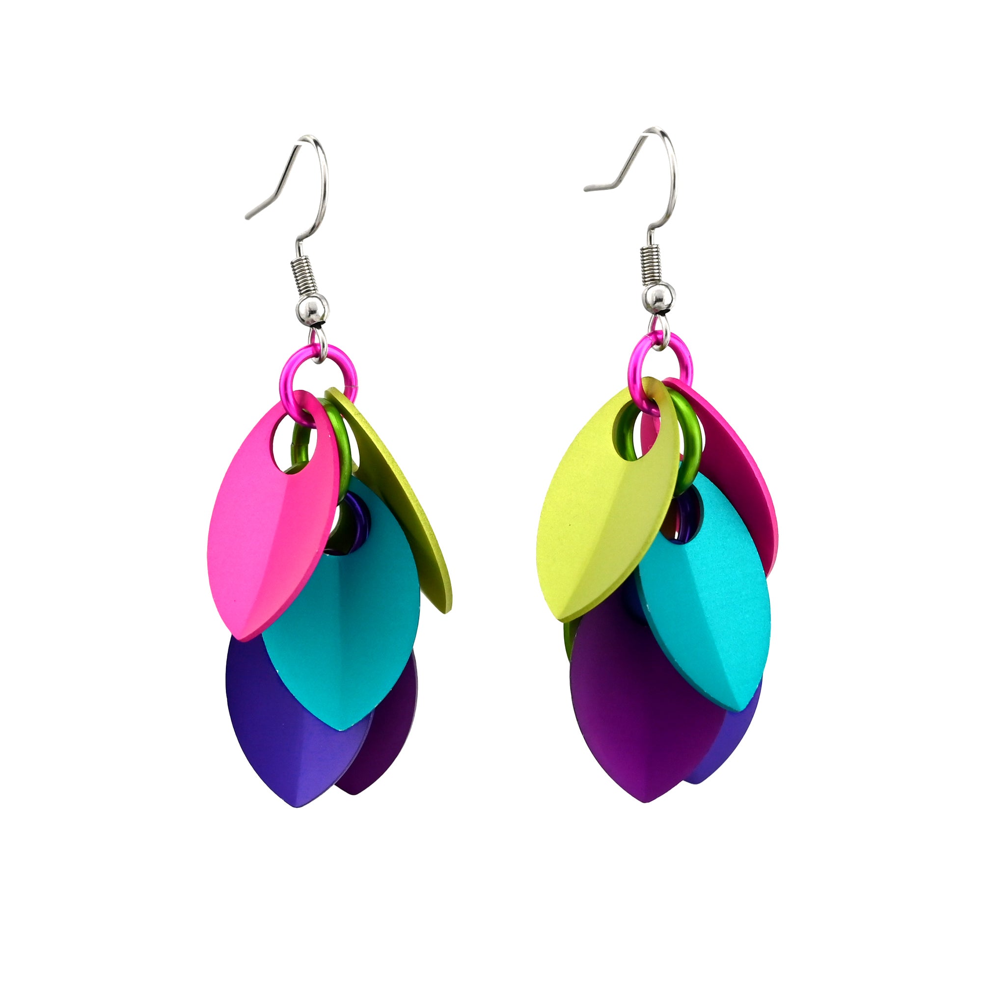 A pair of short Electric Rainbow Casscading leaves Earrings with overlapping aluminum scales in hot pink, chartreuse, lime, aqua, purple and violet against a plain white background.