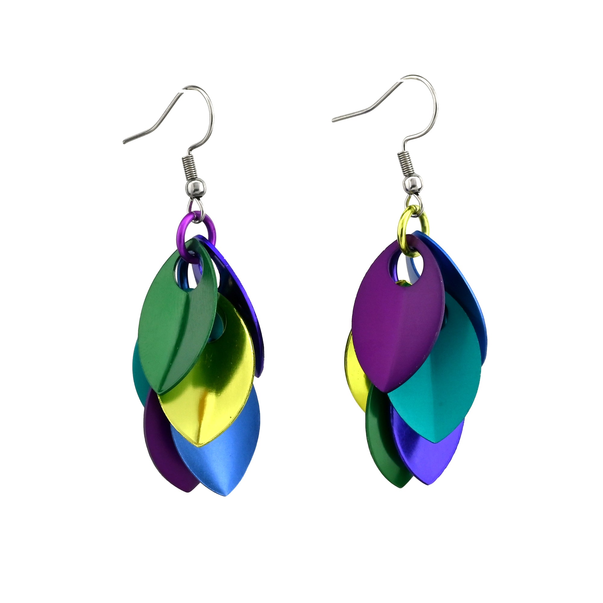 A pair of mismatched Peacock Cascading Leaves Earrings showing the colorful leaf-shape of the overlapping aluminum scales in shades of purple, blue and green against a plain white background.