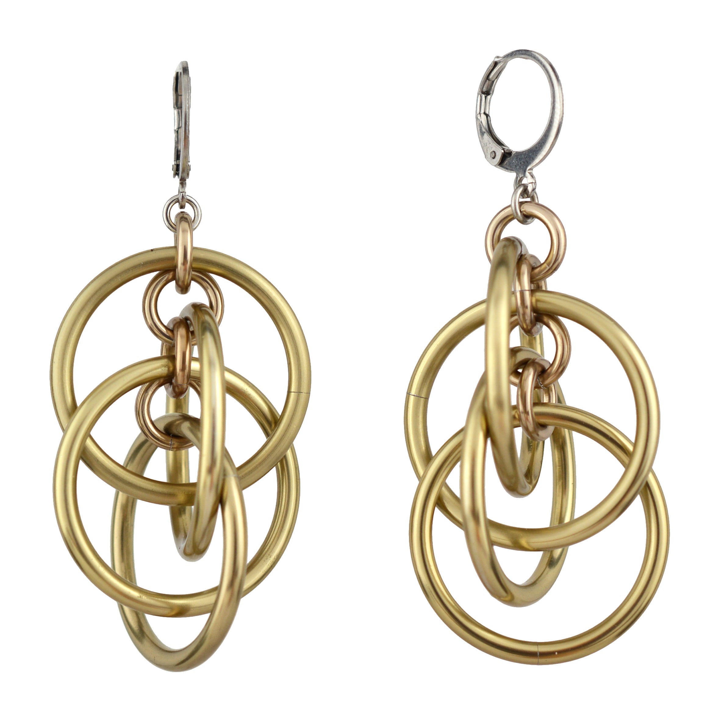 Product photo of champagne-colored intertwined hoop chainmaille earrings with round leverback ear wires, isolated on a white background.