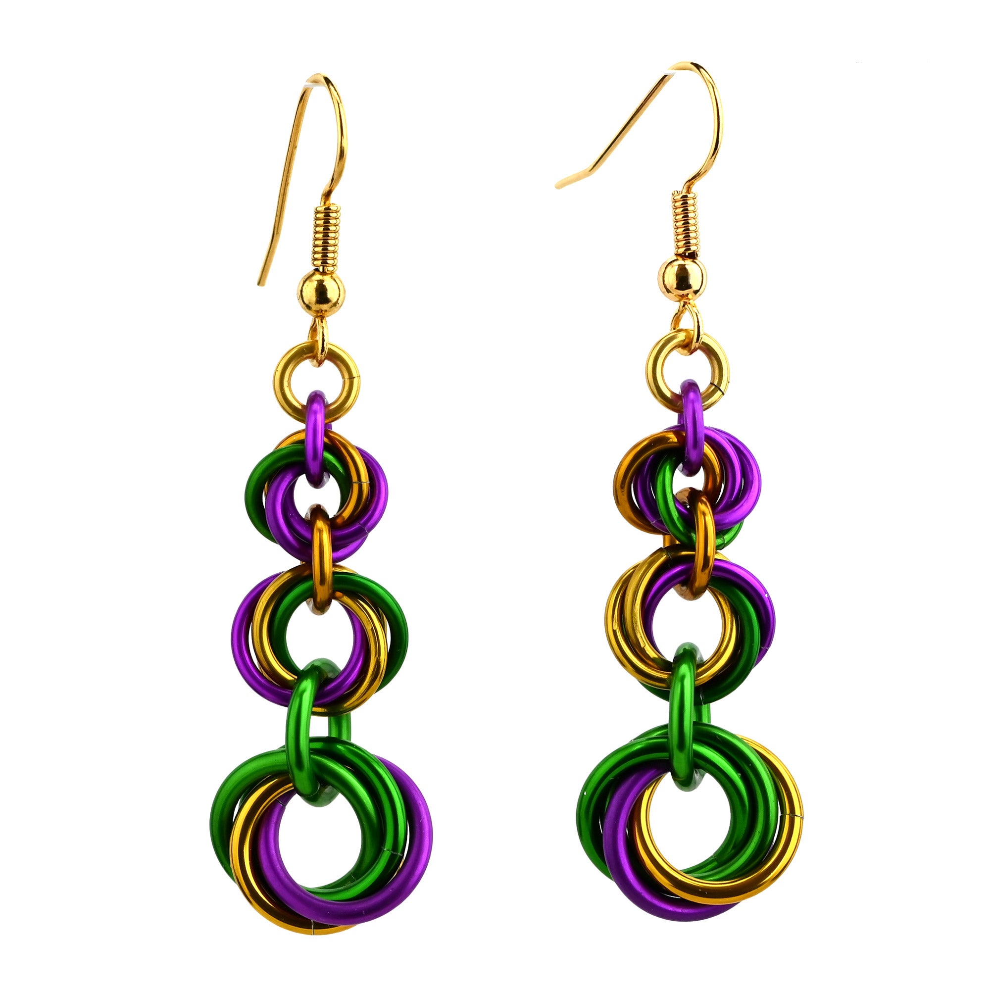 Pair of graduated triple-knot Mardi Gras earrings in purple, gold, and green with gold-filled ear wires on a white background.