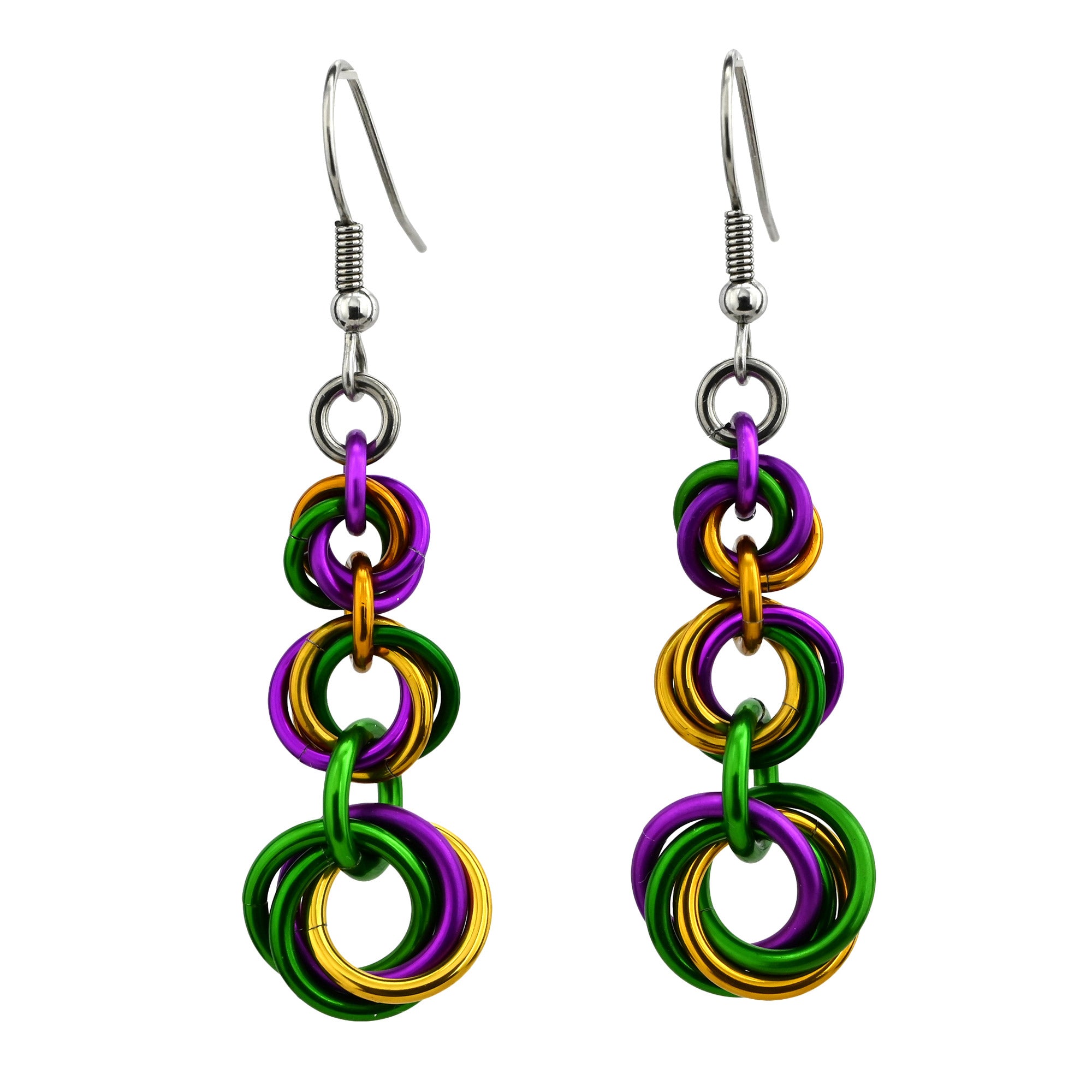 Product shot of triple-knot graduated Mardi Gras earrings featuring silver-toned stainless steel ear wires on a white background.