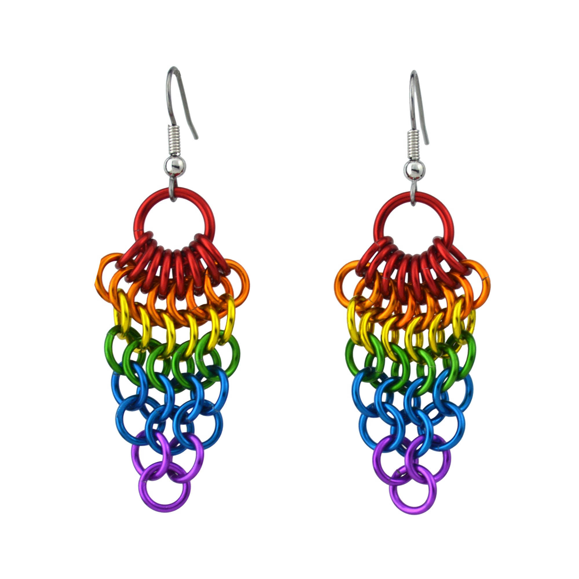A pair of rainbow pride chainmaille earrings on a plain white background. The earrings are Rebeca Mojica's Mesh Cluster design.
