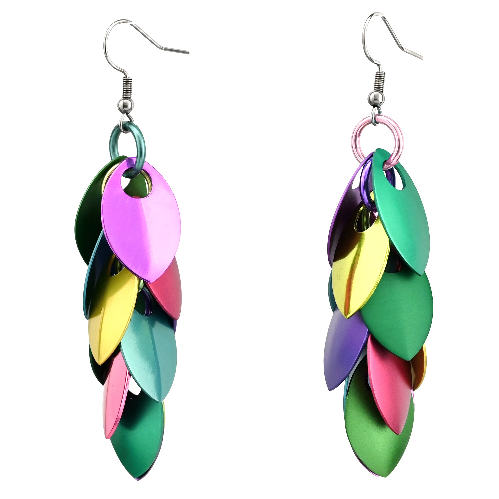 Colorful metallic leaf-shaped earrings in a variety of saturated pastels against a plain white background