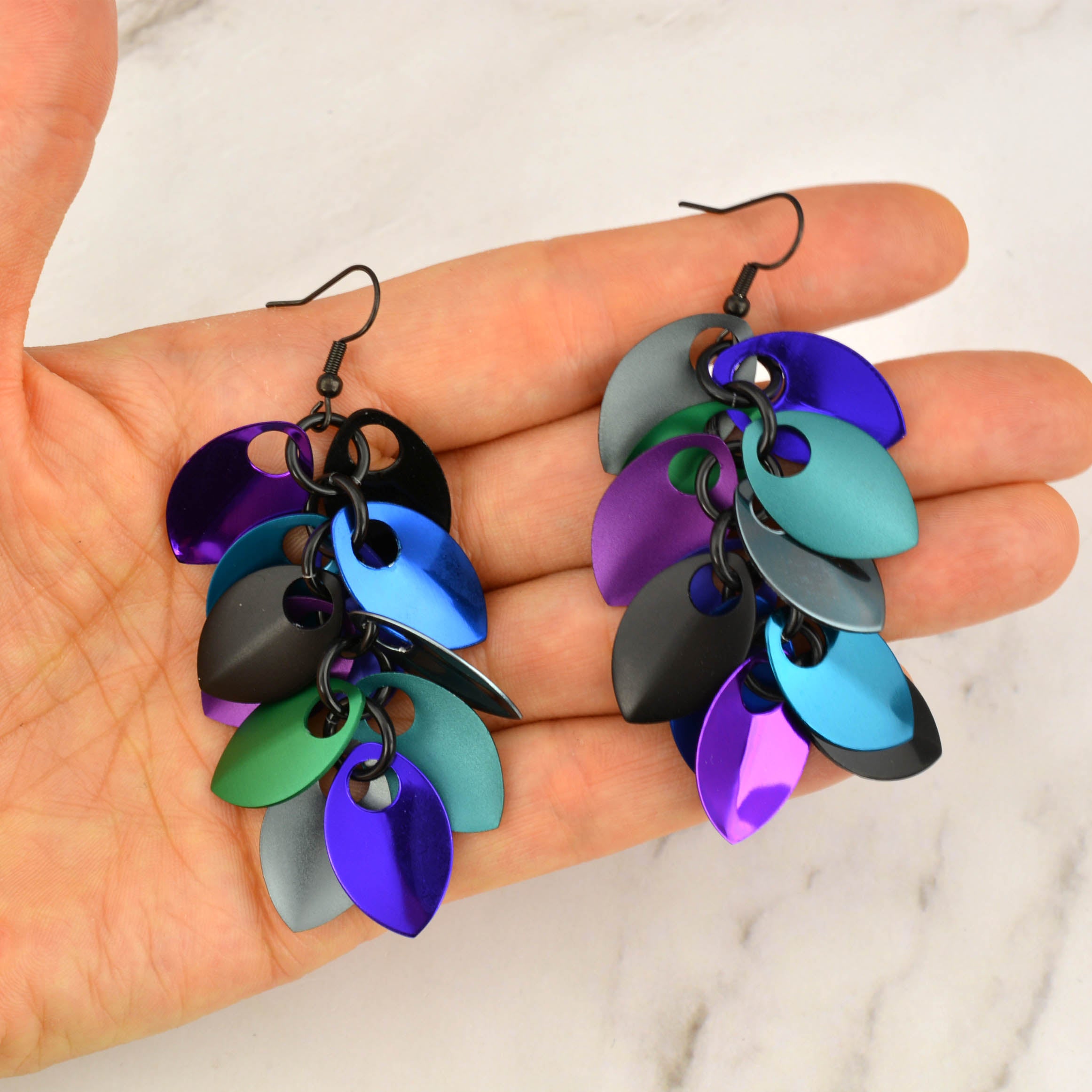 Long Feathered Earrings - Dark Mermaid