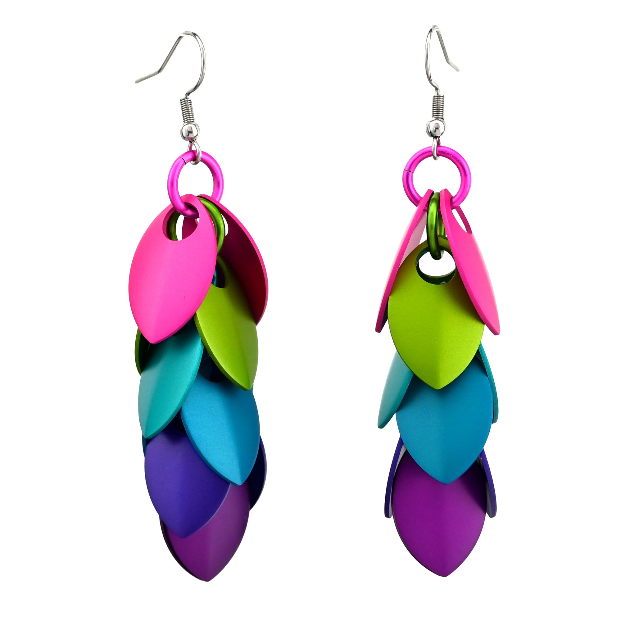 A pair of long Feathered Earrings featuring a vibrant "Electric Rainbow" gradient of hot pink, lime, aqua, and purple aluminum scales.