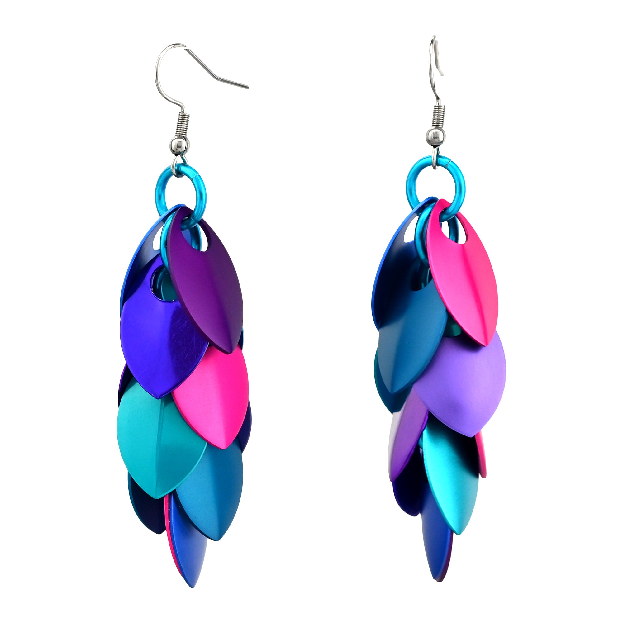 A pair of long mismatched Magical Butterfly Feathered Earrings with overlapping scales in hot pink, azure, blue, purple and violet.