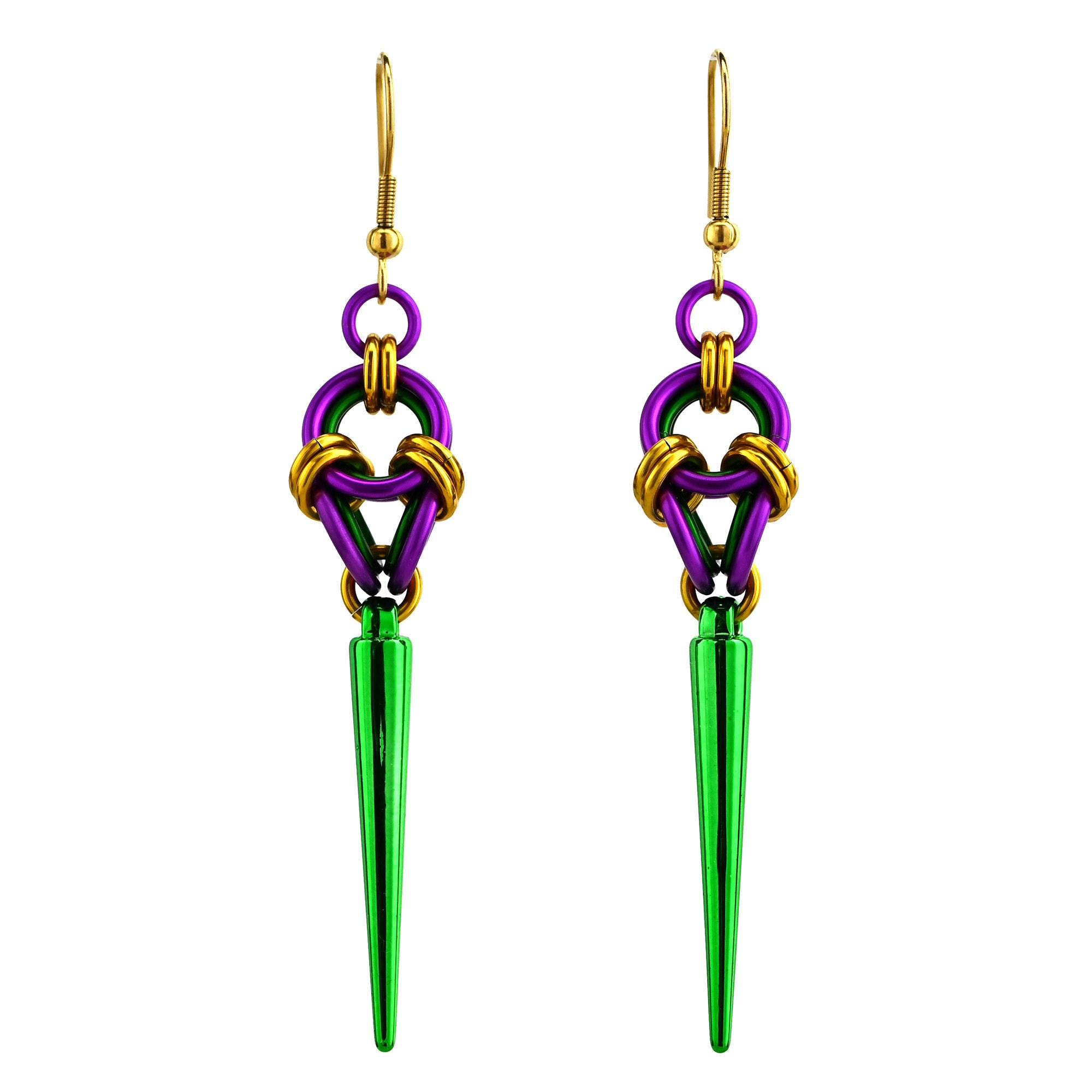 Pair of Mardi Gras polyhedron earrings with long green spikes and gold-filled ear wires isolated on a white background.