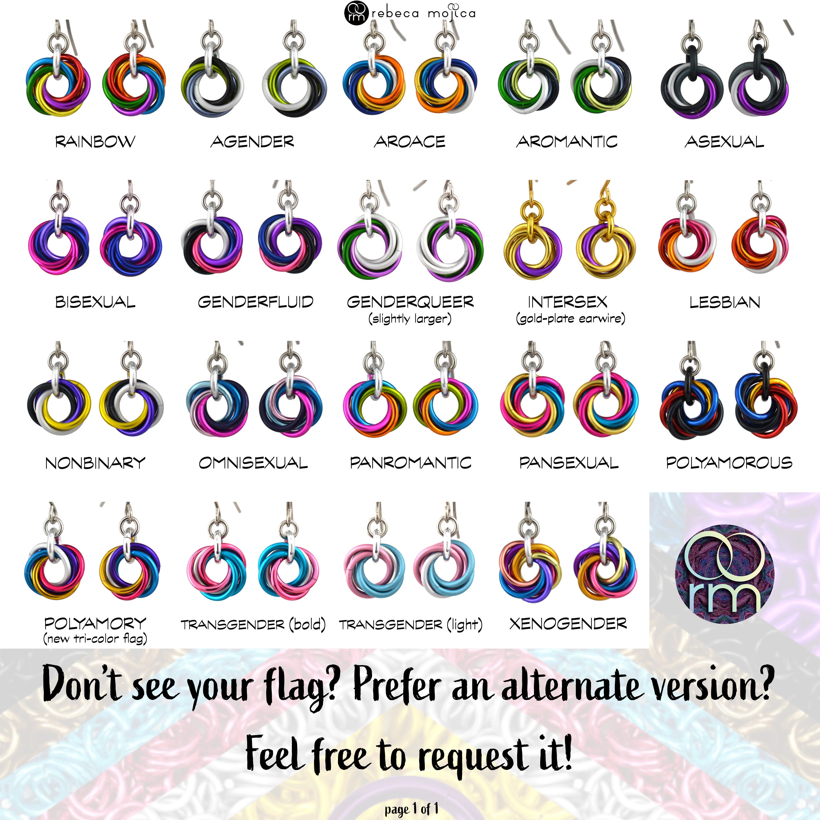 Grid of twenty Mini Knot Pride Earrings, each representing an LGBTQIA+ flag. Flags include Rainbow, Agender, Aroace, Aromantic, Asexual, Bisexual, Genderfluid, Genderqueer (slightly larger), Intersex (gold-plate), Lesbian, Nonbinary, Omnisexual, Panromantic, Pansexual, Polyamorous, Polyamory (new tri-color), Transgender (bold), Transgender (light), and Xenogender. Text: "Don't see your flag? Prefer an alternate version? Feel free to request it!" "rebeca mojica" logo at top.