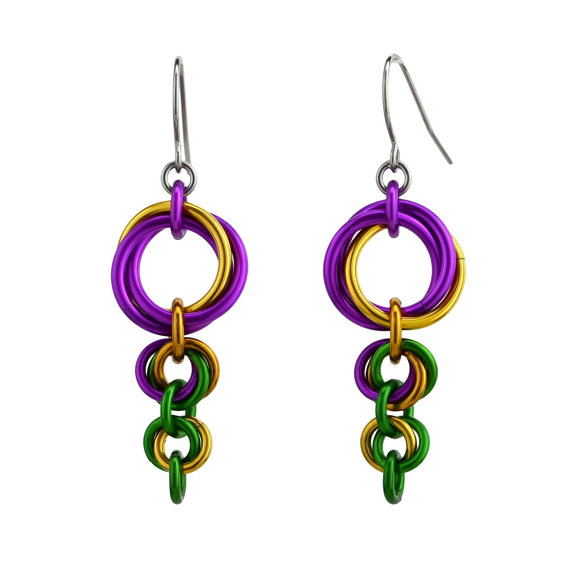 Front view of Mardi Gras triple-knot dangle earrings featuring silver-toned stainless steel ear wires on a white background.