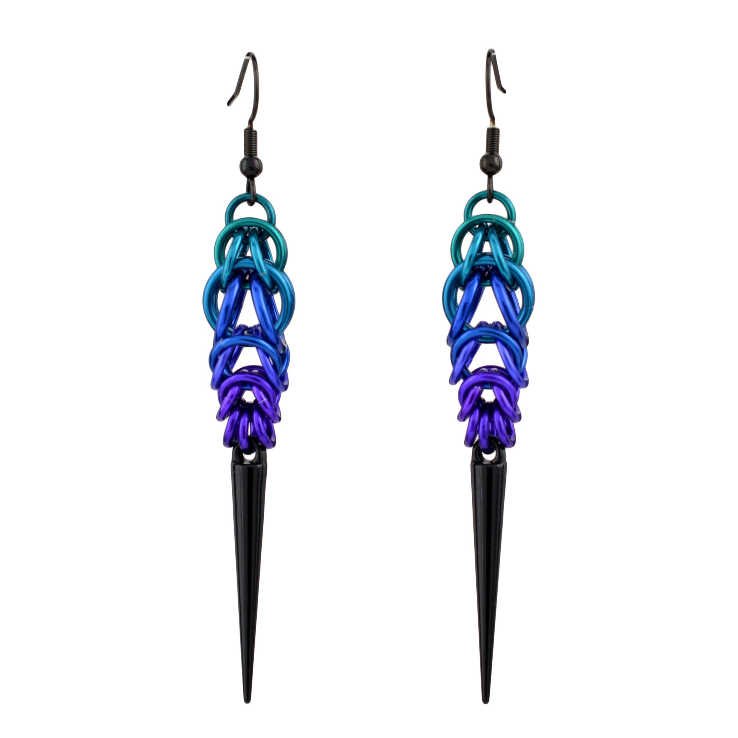 Front view of a pair of Dark Mermaid Spike Earrings with a cool-tone ombre (teal to purple) and black stainless steel ear wires, isolated on white.
