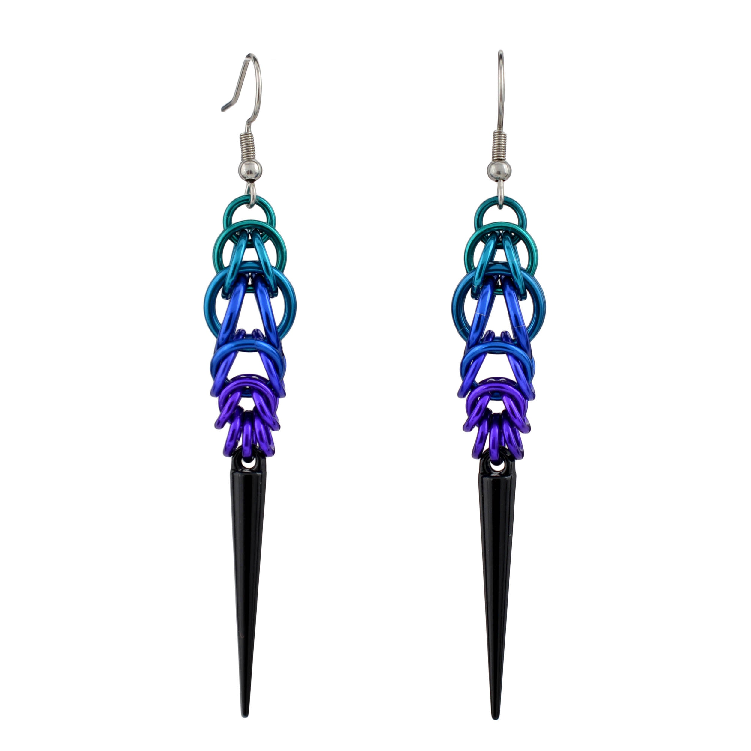 Front view of a pair of Dark Mermaid Spike Earrings with a cool-tone ombre (teal to purple) and surgical stainless steel ear wires, isolated on white.
