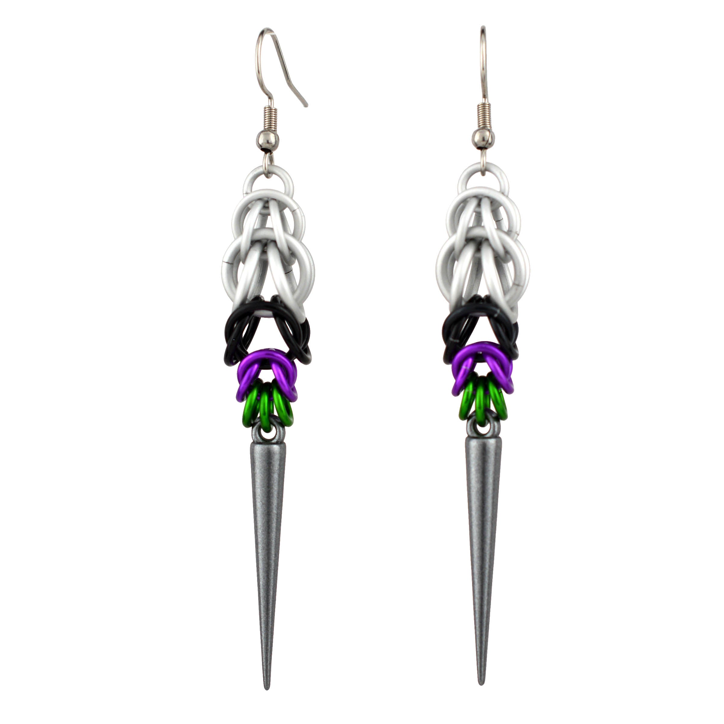 A professional product shot of the pair of Double Demi Pride spike earrings isolated on a pure white background. The full length of the stainless steel ear wire, the four-color chainmaille, and dark grey acrylic spike is visible.