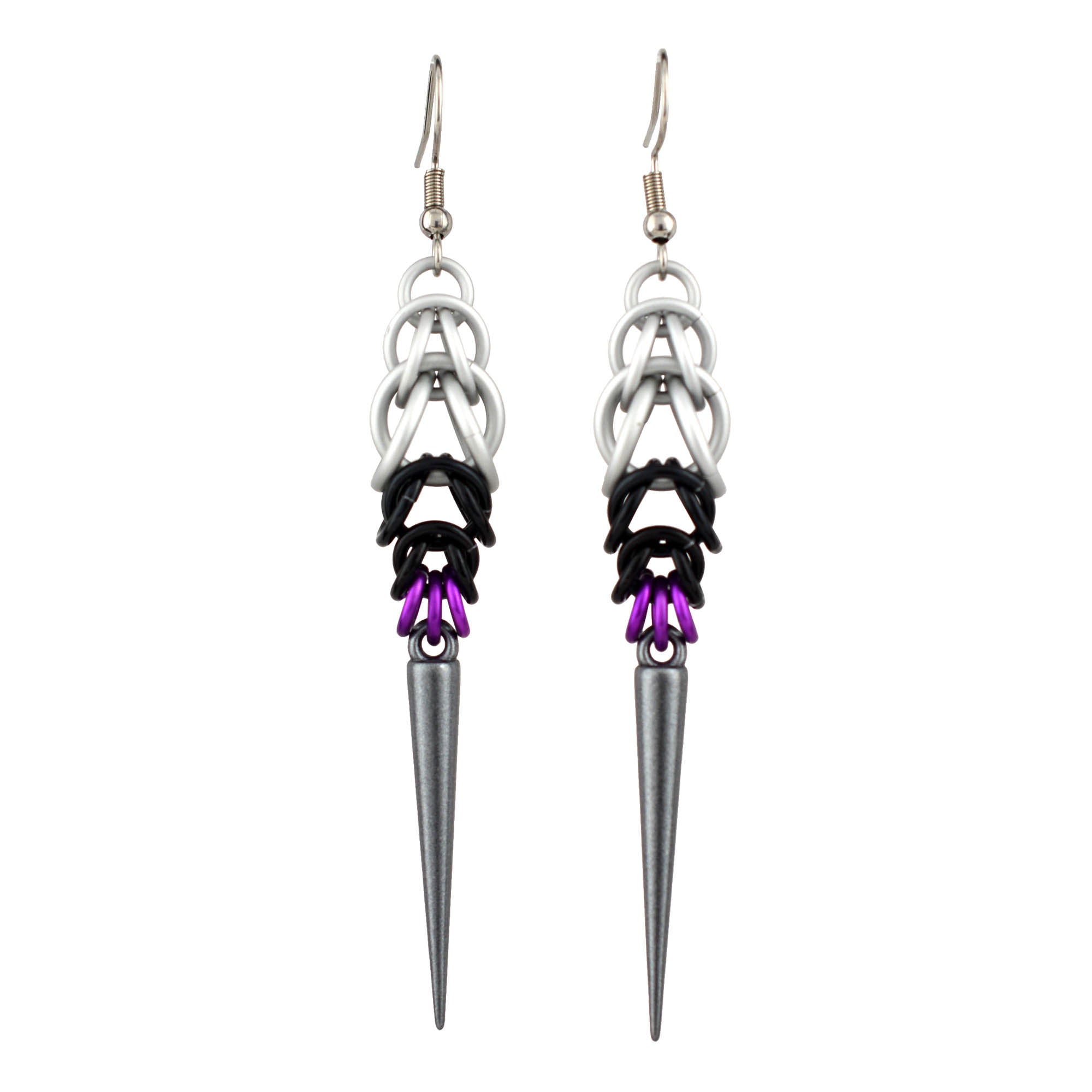 A professional product shot of the pair of Demisexual Pride spike earrings isolated on a pure white background. The full length of the stainless steel ear wire, white, black, and purple chainmaille, and dark grey acrylic spike is clearly visible.
