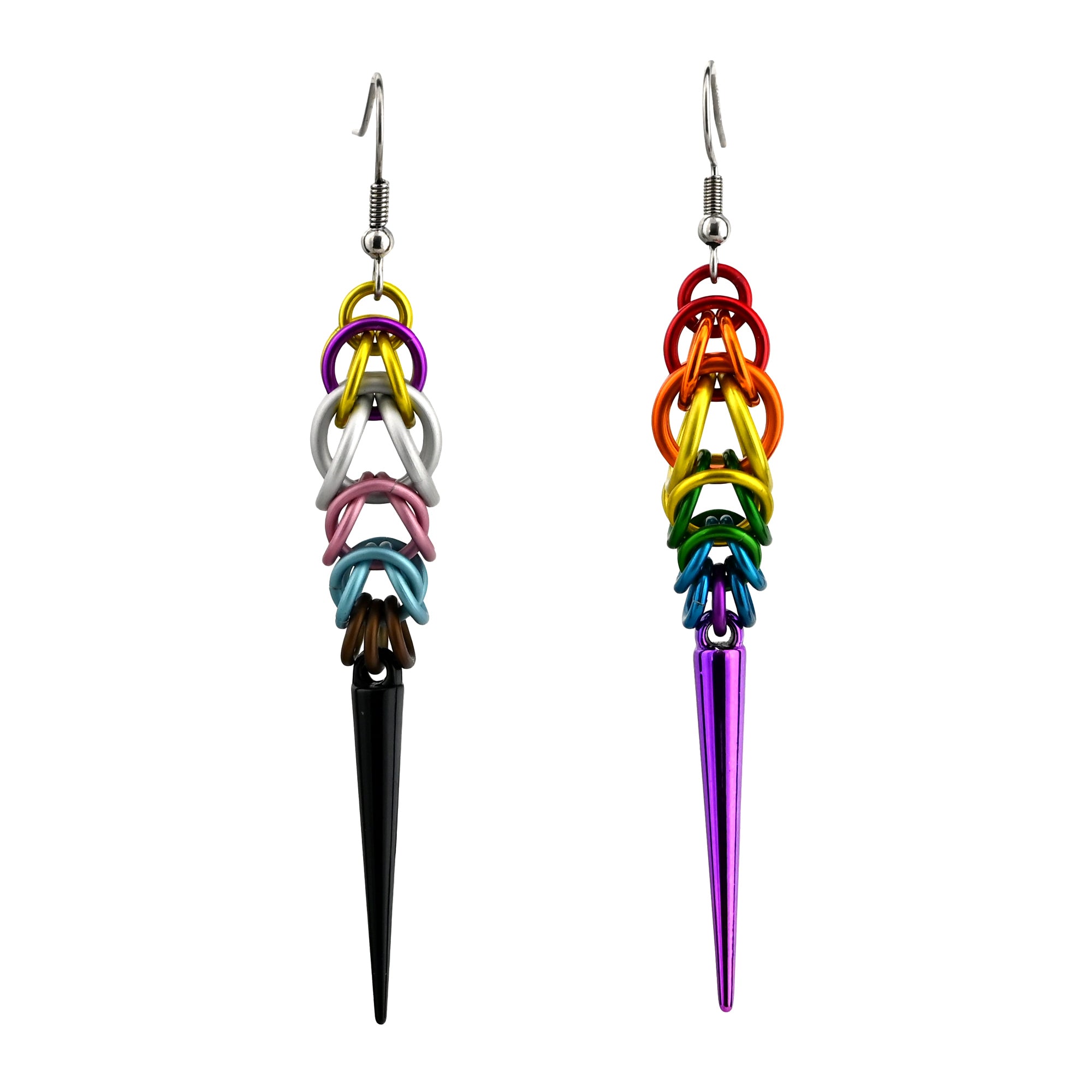 Mismatched pair of Progress Pride spike earrings on a white background. One earring features the intersex-inclusive flag colors (yellow, purple, white, pink, light blue, brown, black) with a black spike. The second earring features rainbow flag colors (red, orange, yellow, green, blue, purple) with a purple spike.