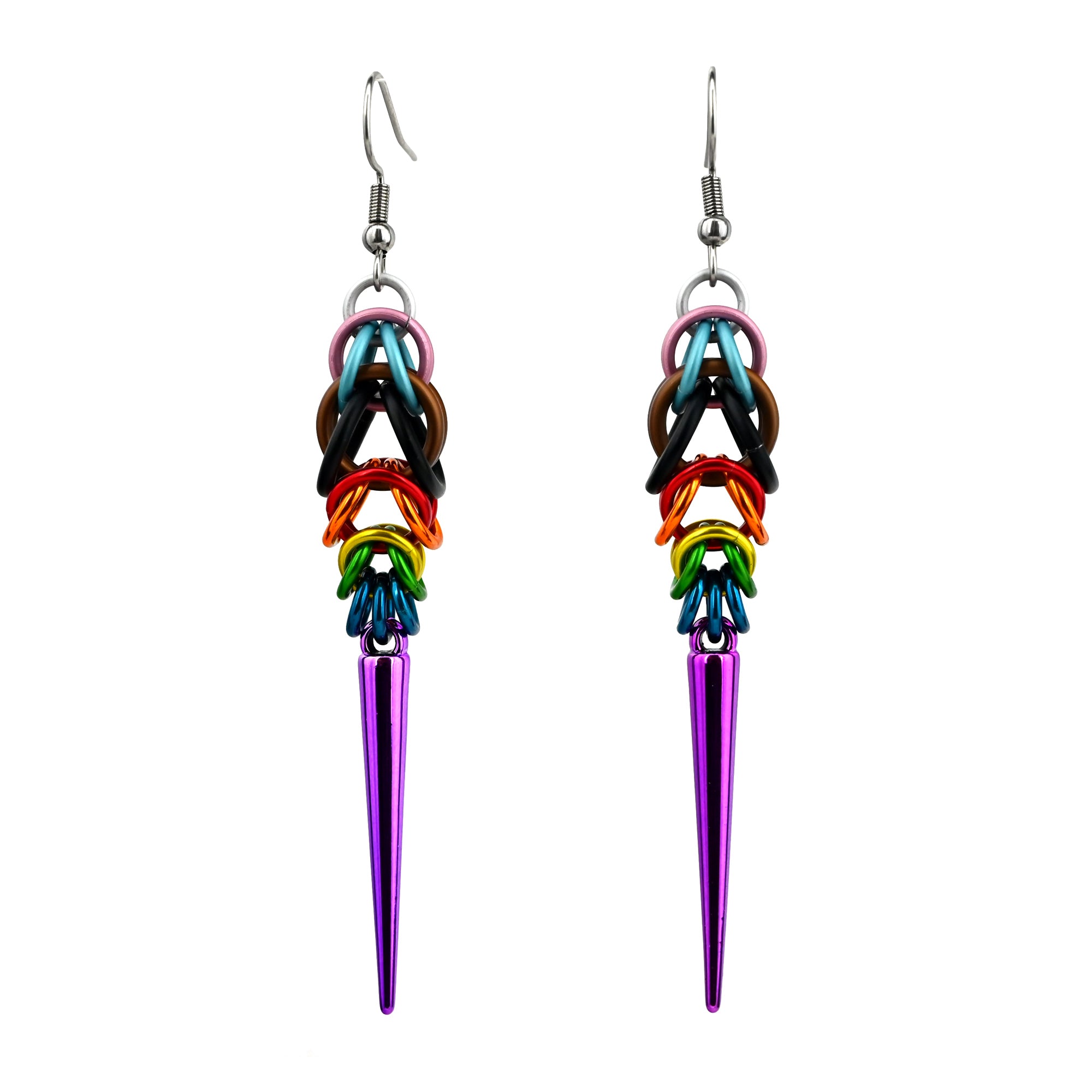 A mirrored pair of Progress Pride spike earrings on a white background. Each earring features a vertical chainmaille weave in white, pink, light blue, brown, black, red, orange, yellow, green, and blue, finished with a vibrant metallic purple spike.