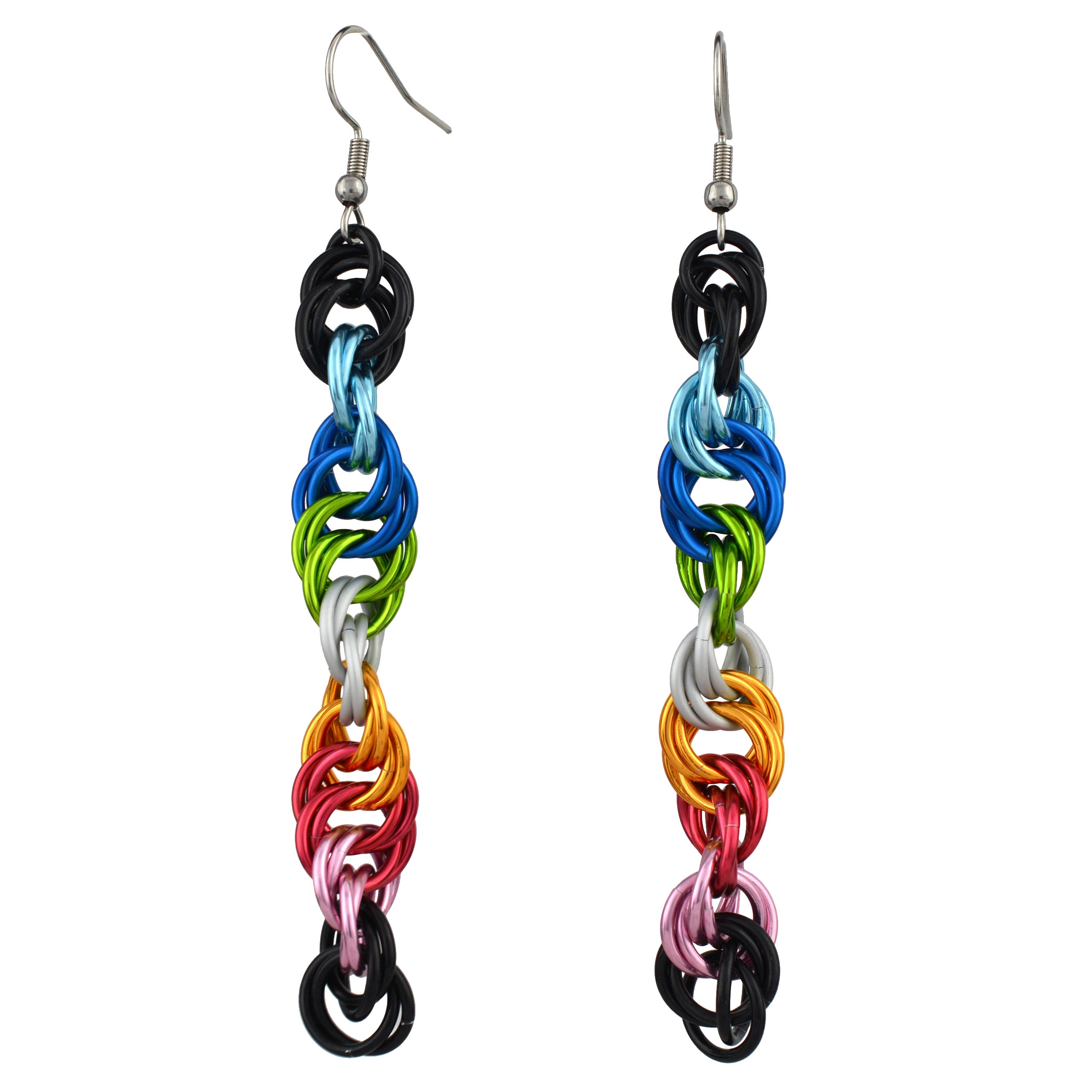 Product photo: long, spiral queer pride earrings made of interconnected black, light blue, blue, bright green, white, gold, dark pink, light pink aluminum rings. Stainless steel earring hooks on a plain white backdrop.