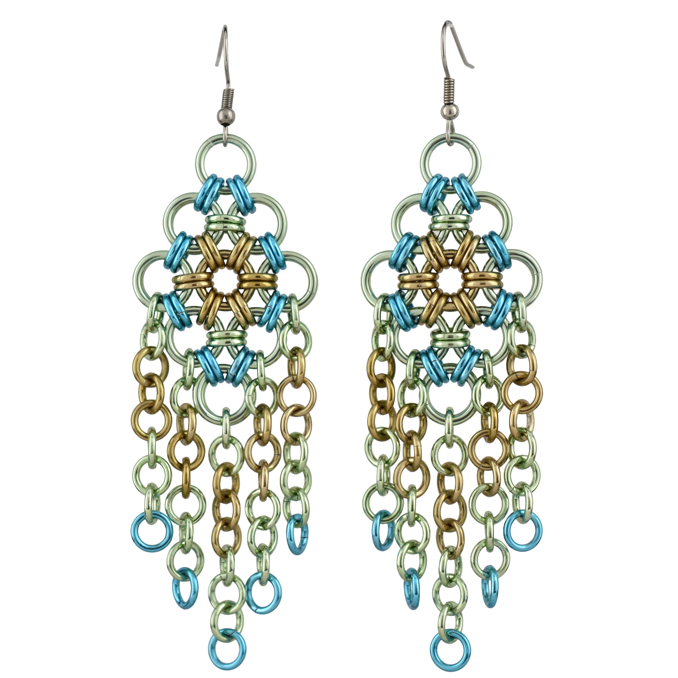 Product shot of a pair of Seashell colorway chainmaille earrings, featuring champagne, seafoam, and light blue links, shown on a clean white background.
