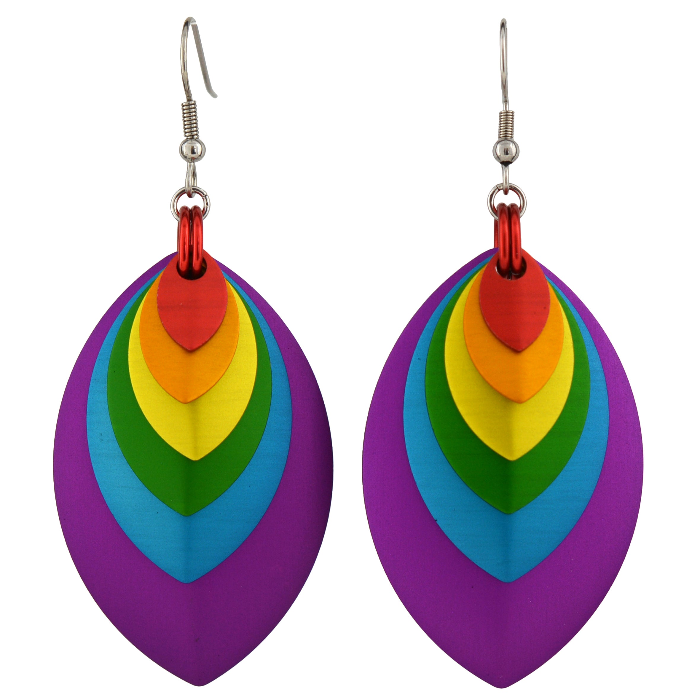 A pair of vibrant rainbow-colored stacked leaf earrings with stainless steel fishhook ear wires, displayed against a plain white background. The leaves are red, orange, yellow, green, blue, and purple, nested from smallest to largest with purple as the largest outermost leaf.