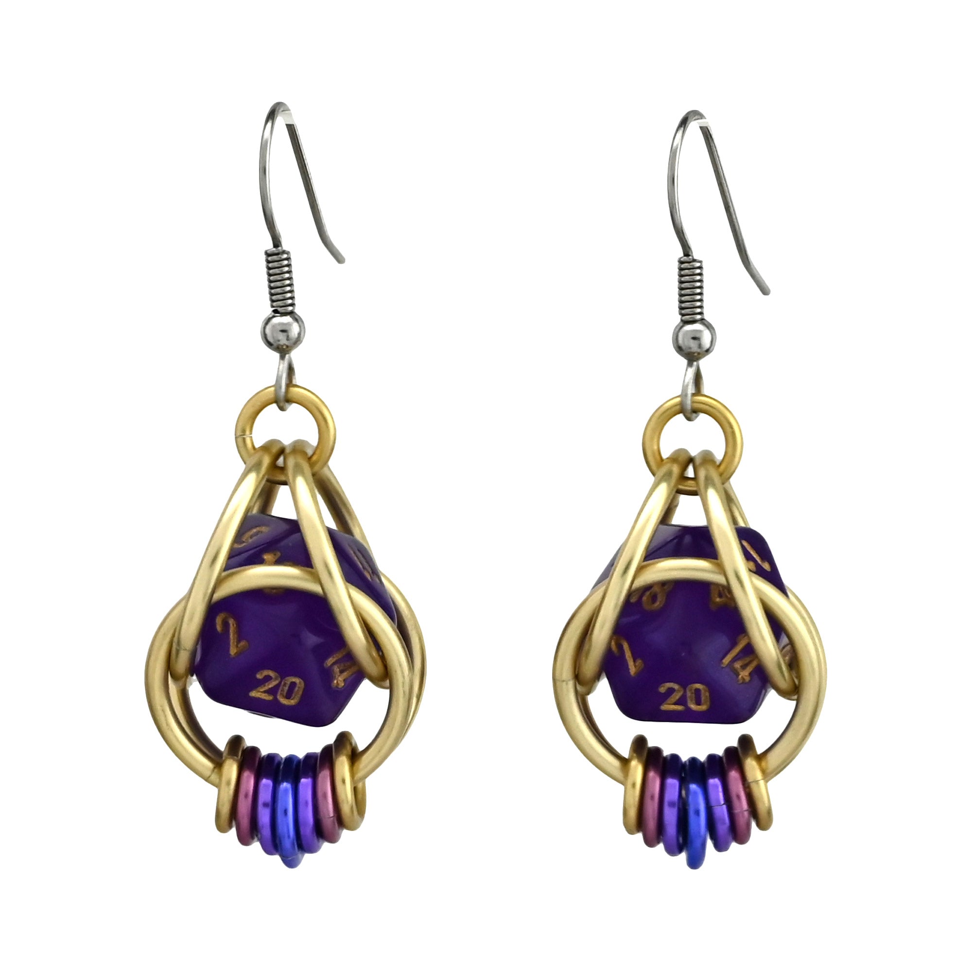 The same amethyst dice chainmaille earrings shown with stainless steel earwires for a silver-toned finish.