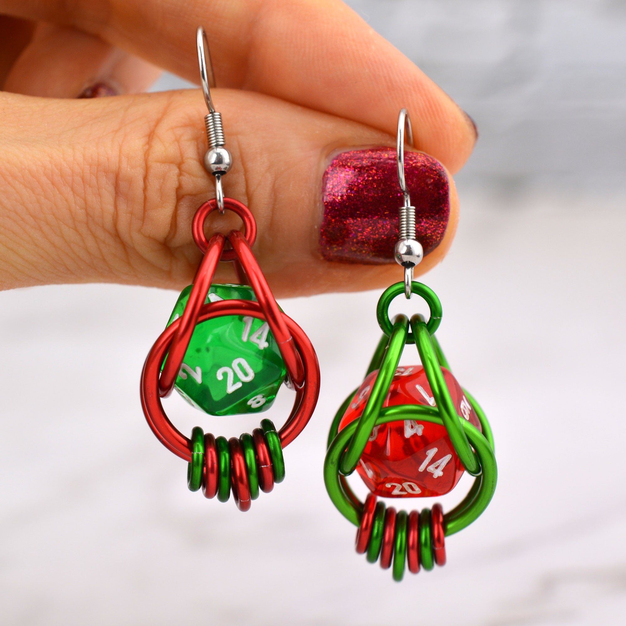 RESERVED: Mismatch d20 Red + Green Holiday Earrings