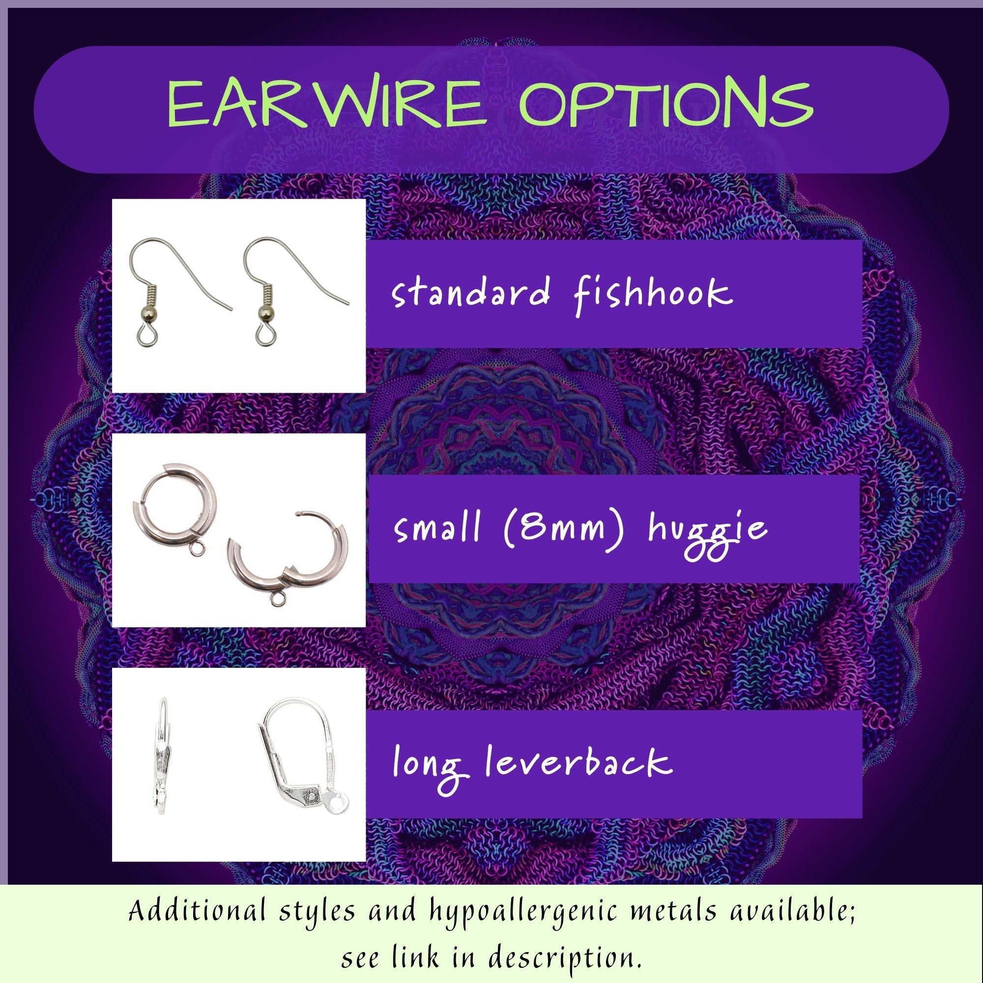 Graphic displaying the earwire options of standard fishhook, small (8mm) huggie and long leverback