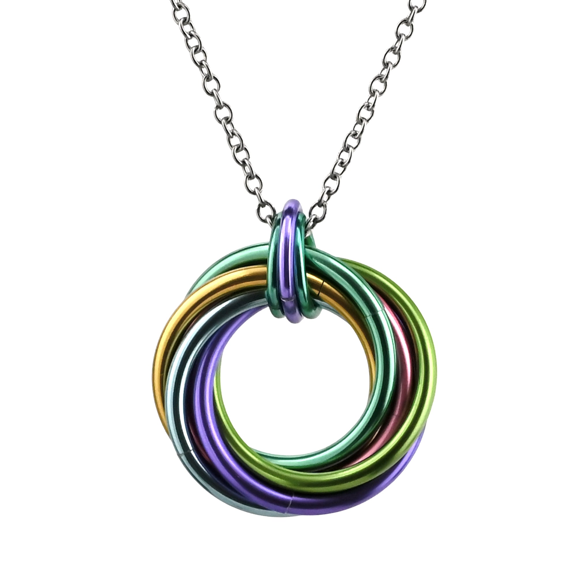 Studio product shot of the Blossom Swirl Chainmaille Pendant on a white background. Close-up of the six colorful, metallic pastel rings intertwined in a circular mobius fidget design on a silver chain.