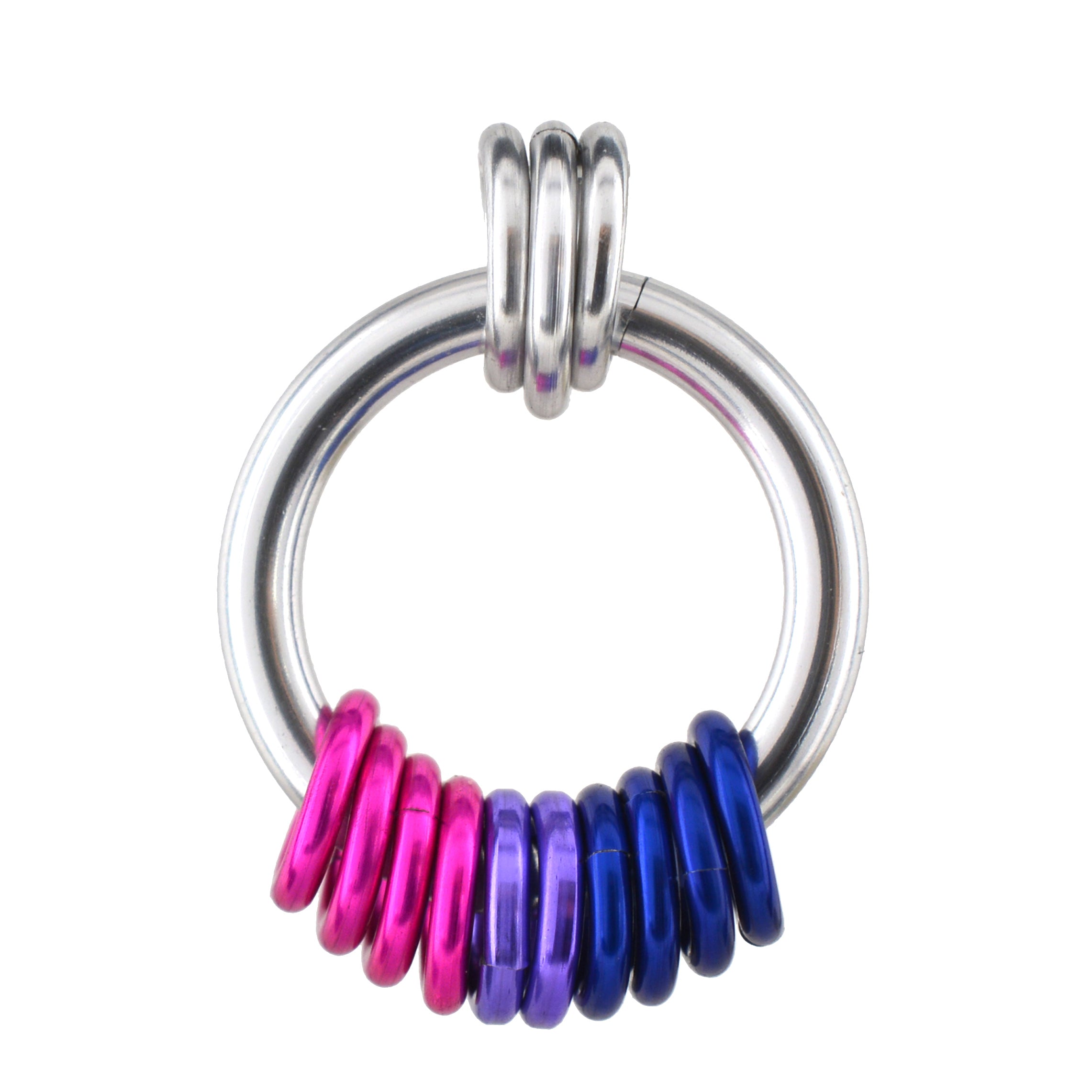 Closeup of the bisexual pride pendant on a white background. A thick silver loop hangs from a trio of smaller silver links. At the bottom of the loop are 10 vibrant links in the color of the progress pride flag, from left to right: 4 hot pink links, 2 lilac links, and 4 dark blue links