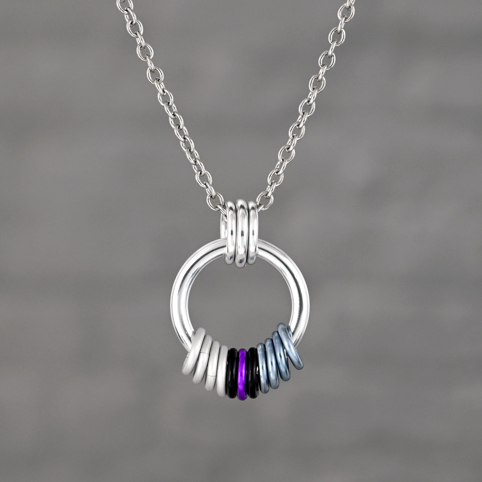 A silver-tone ring pendant with a cluster of free-spinning rings in Demisexual flag colors: black, white, purple, and grey. The pendant hangs from a stainless steel link chain.