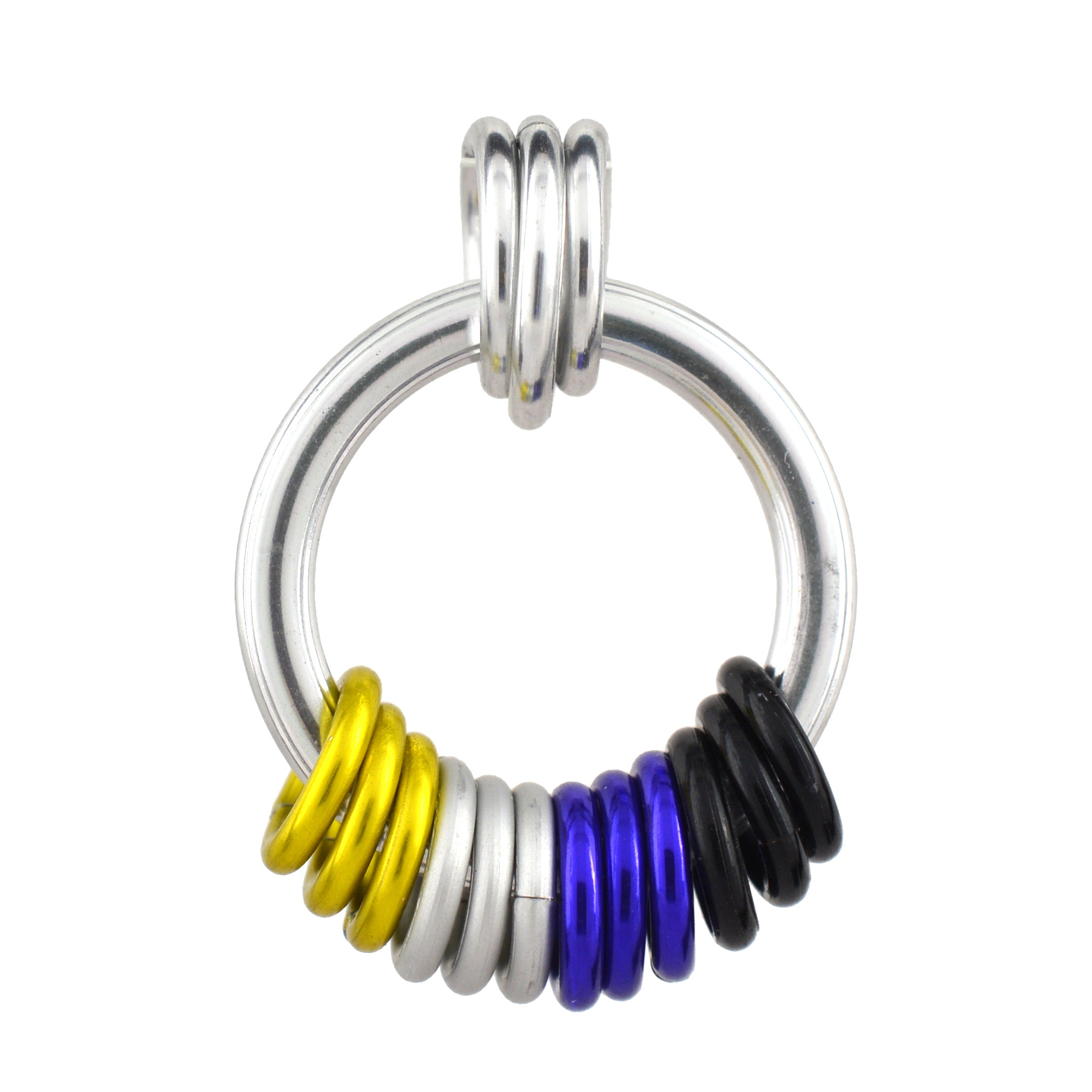 Closeup of the enby pride pendant on a white background. A thick silver loop hangs from a trio of smaller silver links. At the bottom of the loop are 12 vibrant links in the color of the nonbinary pride flag, from left to right: 3 links each in bright yellow, white, purple and black