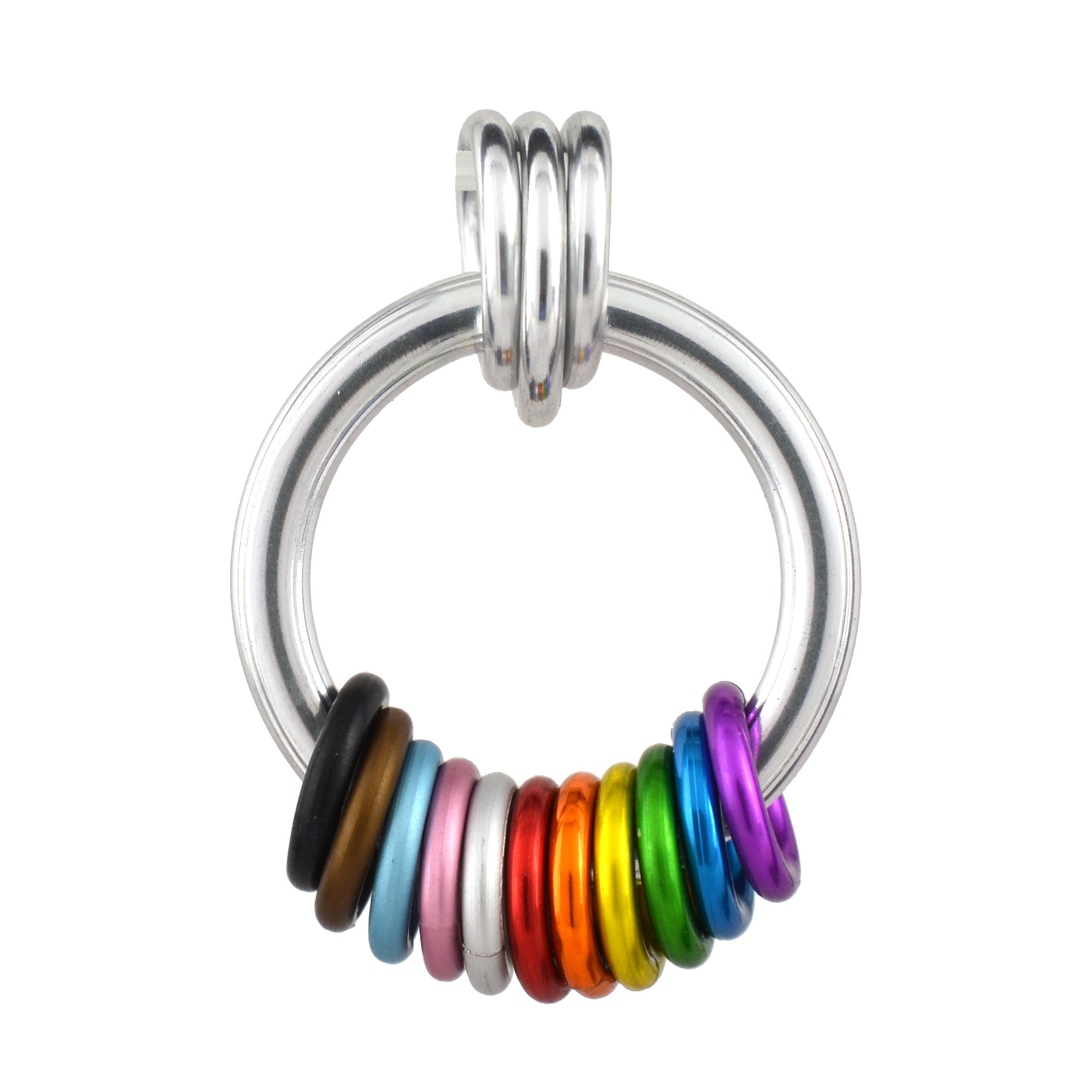 Closeup of LGBTQ Pride Fidget Necklace in Progress Flag colors - 1 link each in black, brown, light blue, light pink, white and the rainbow pride colors: red, orange, yellow, green, blue and purple
