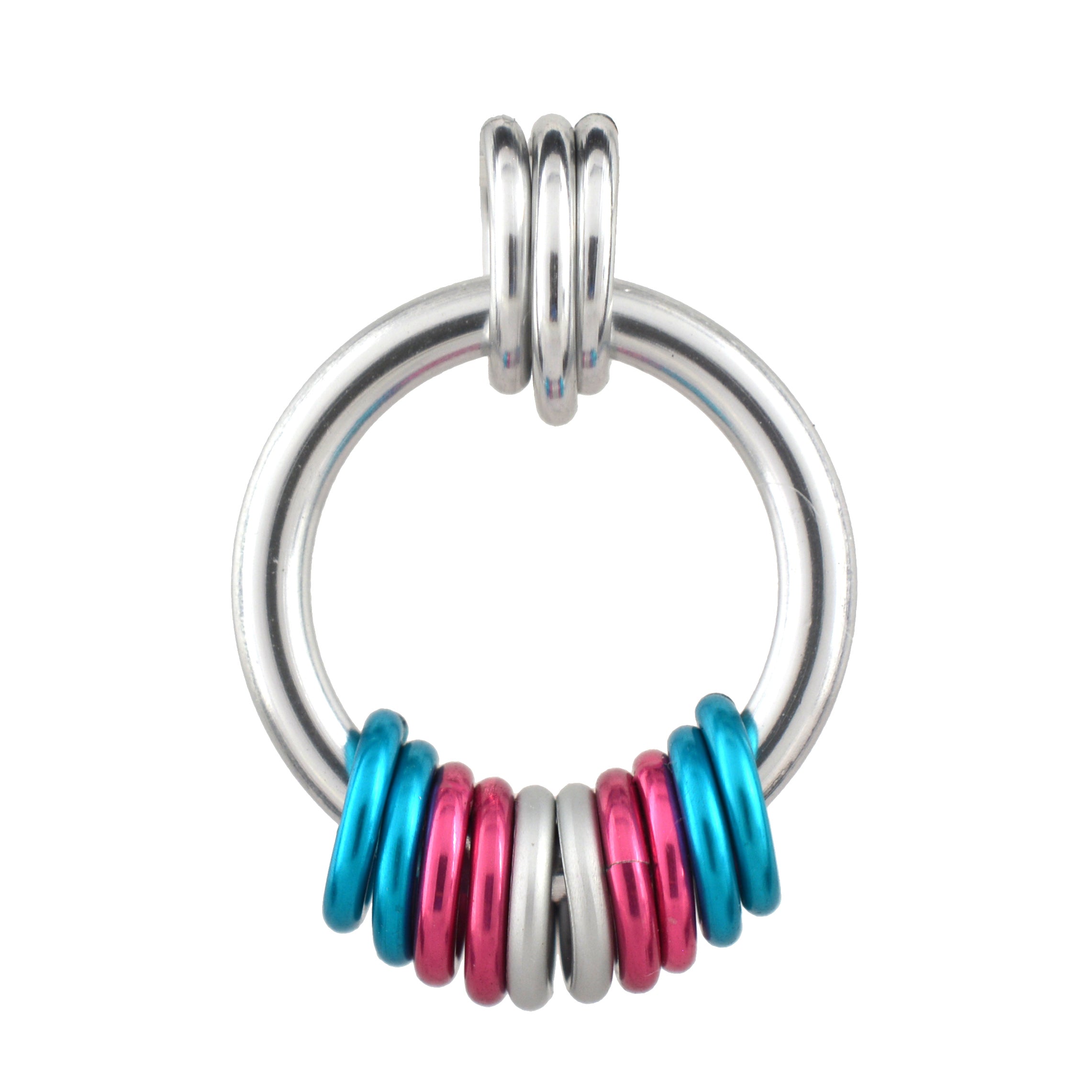 loseup of the transgender pride pendant in bold colors on a white background. A thick silver loop hangs from a trio of smaller silver links. At the bottom of the loop are 10 vibrant links in the color of the transgender pride flag: light blue, pink and white.