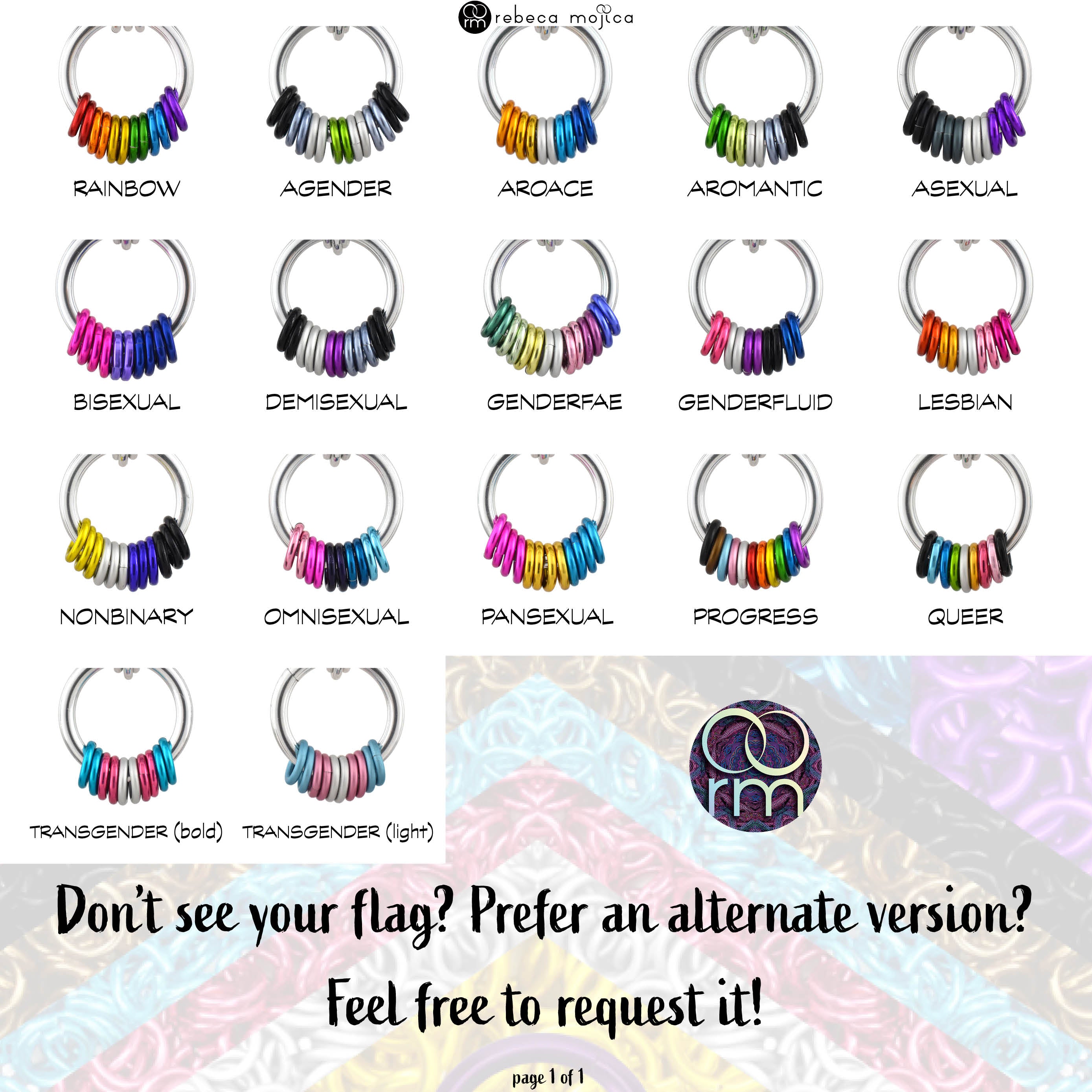A comprehensive swatch chart displaying various Pride Flag Coil Fidget Necklaces. Each example shows a silver coil with different colored aluminum rings, representing flags such as Rainbow, Agender, Aromantic, Bisexual, and Transgender (bold/light). Text at the bottom invites customers to request custom flag designs if not shown.