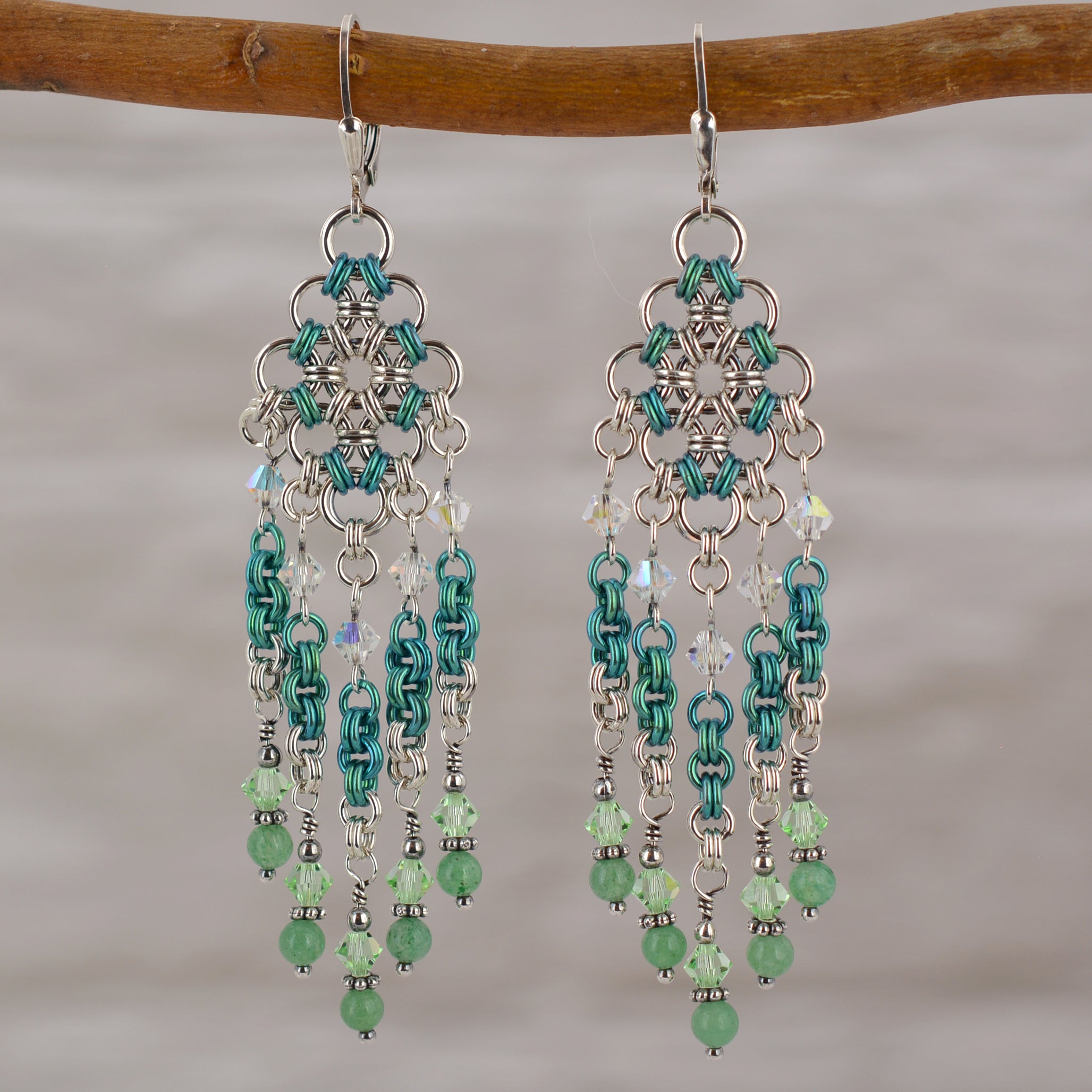 SALE: Sterling Silver + Green Chandelier Earrings