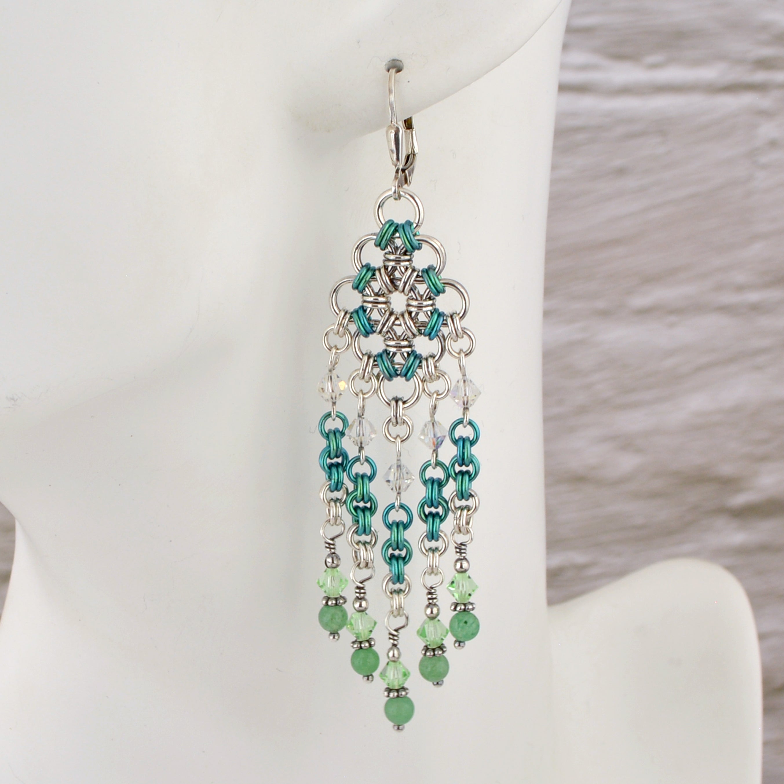 SALE: Sterling Silver + Green Chandelier Earrings