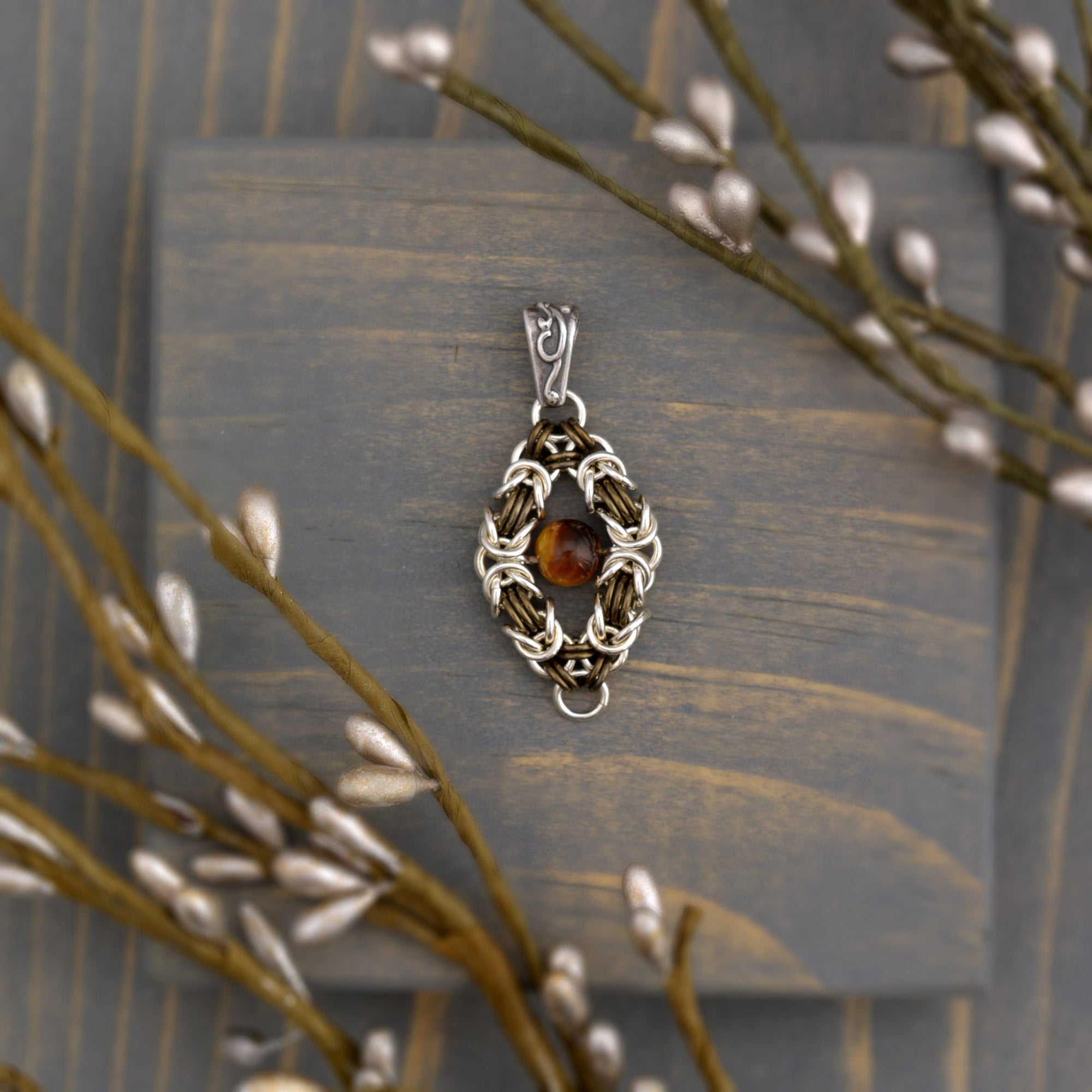 SALE: Tiger's Eye Floating Bead Pendant in Sterling Silver and Niobium