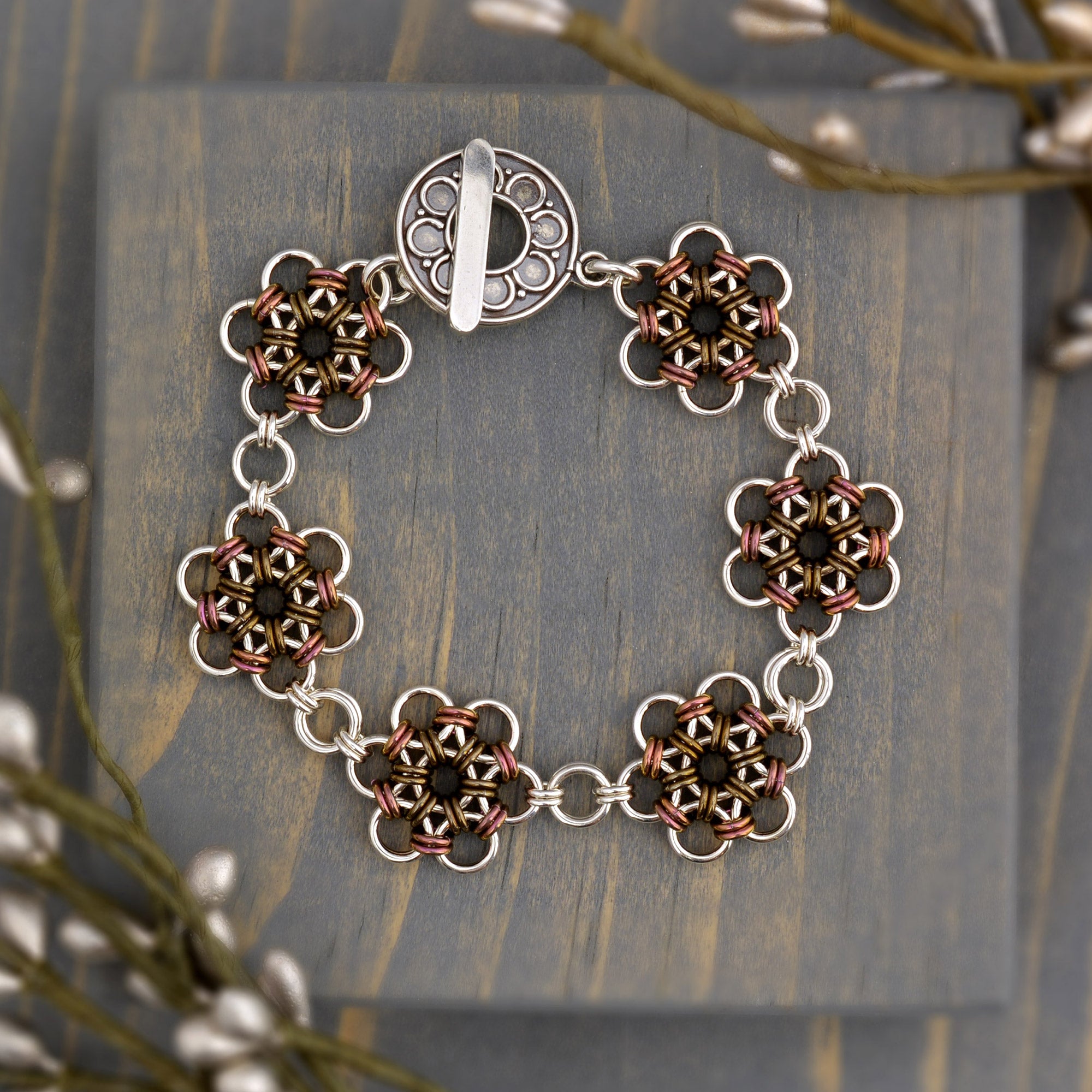 SALE: Japanese Flower Bracelet in Pink and Brown - Small (6.25")