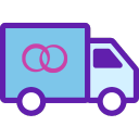 Icon of a blue delivery truck with two intertwined pink circles.