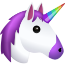 Unicorn emoji with a colorful horn on a transparent background
