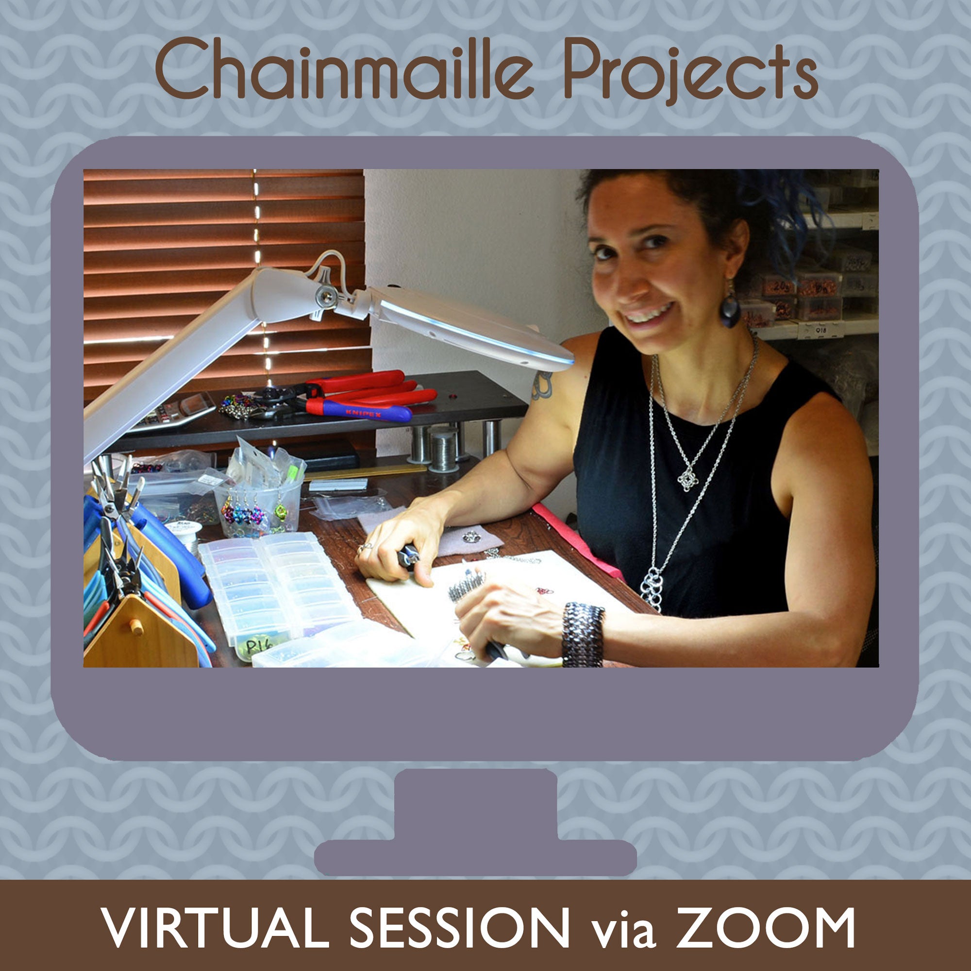 Rebeca Mojica in her studio providing a private chainmaille weaving lesson and color theory consultation via Zoom