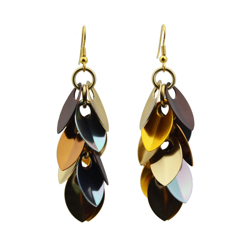 Cascading Leaves Long Earrings - Brown Metallic Mix
