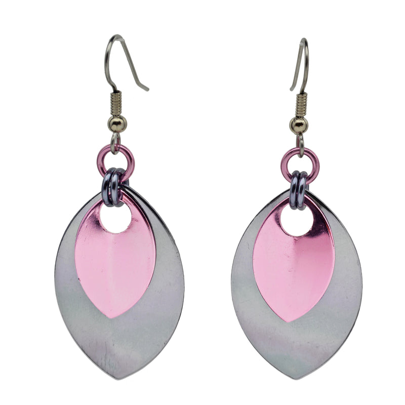 Double Leaf Earrings - Grey & Pink
