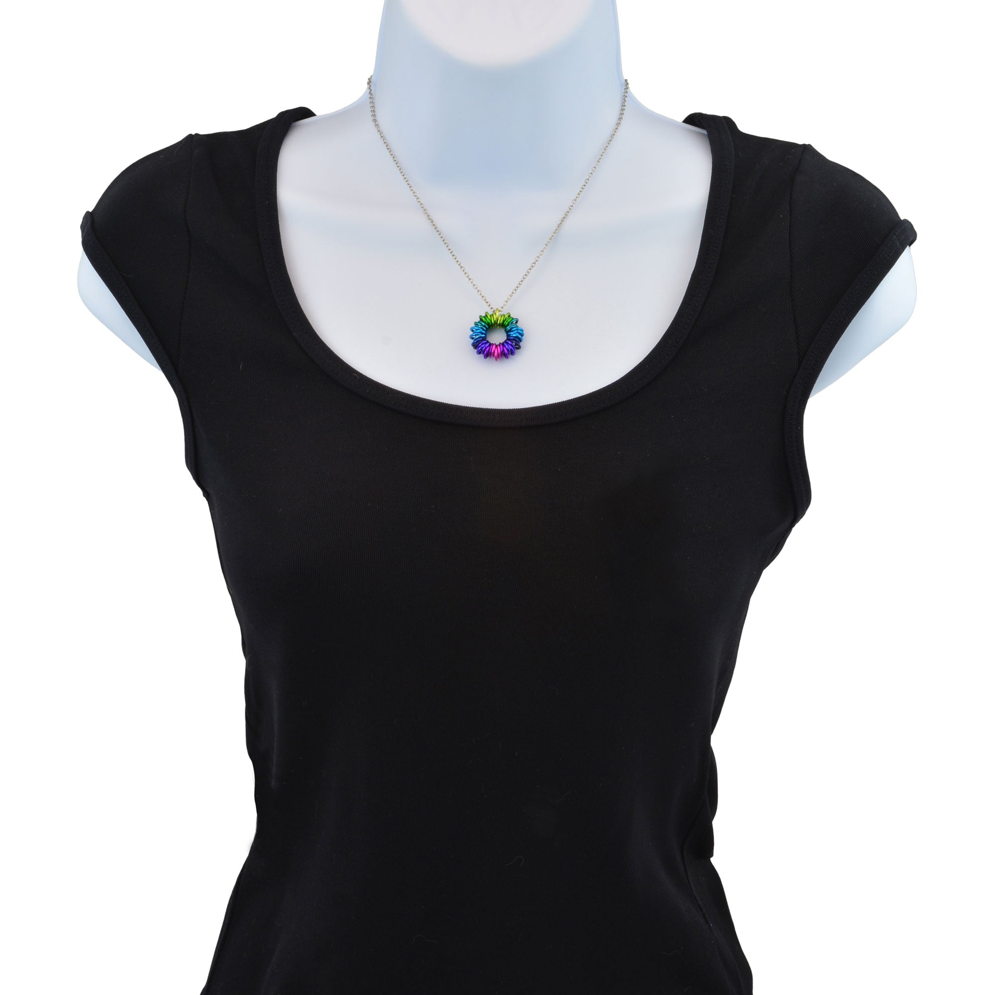 Electric Rainbow Coiled Pendant on torso display, far view.