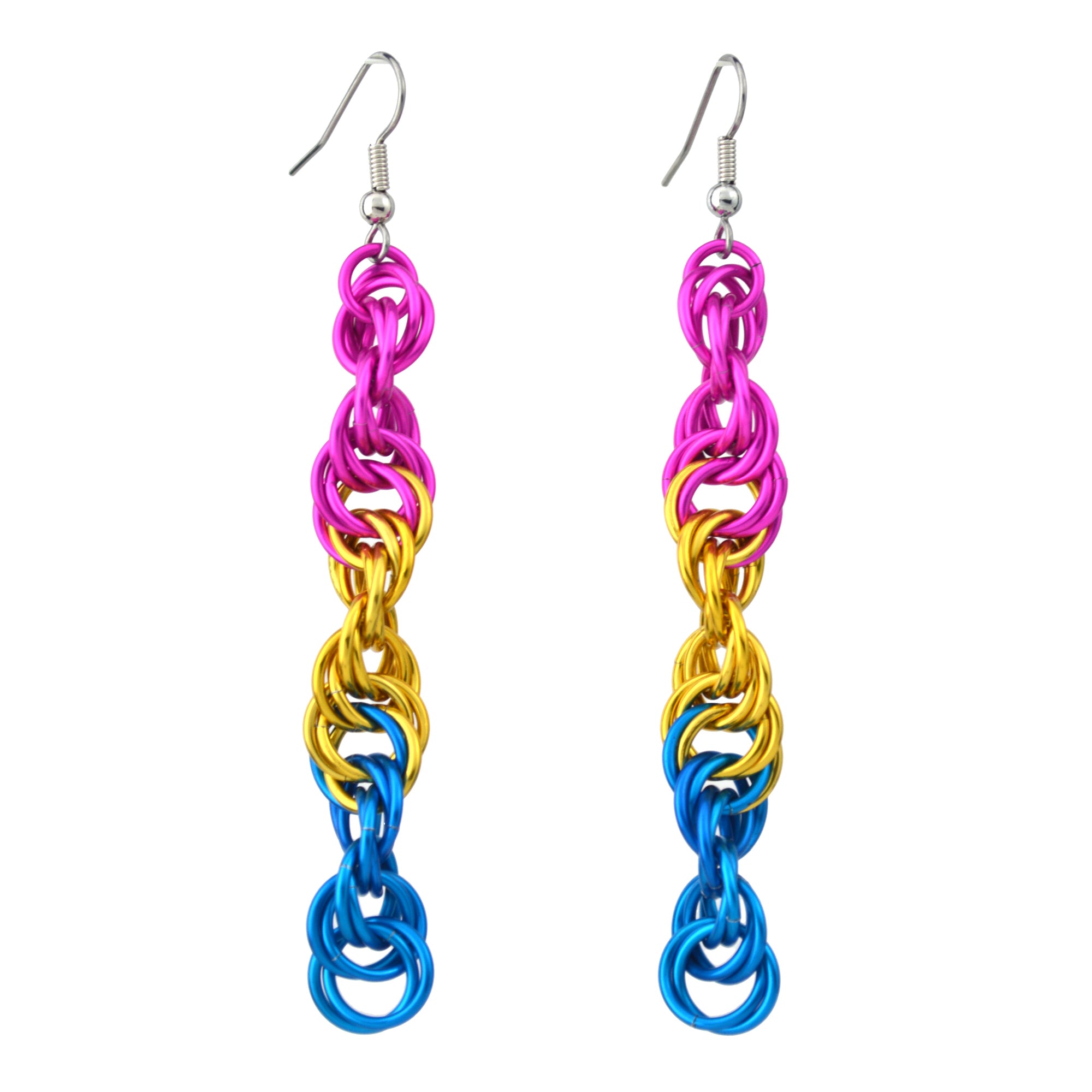 Chainmaille pansexual pride earrings in a long helix pattern.