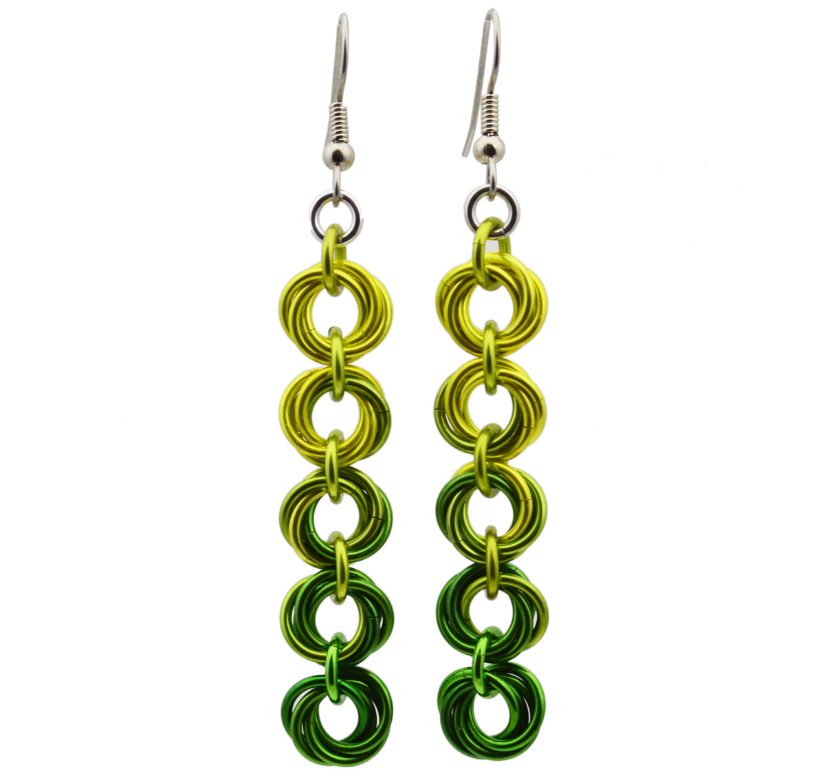 Chainmaille earrings of 5 linked "knots" hanging from the earwire on white background. Top knot is bright yellow transitioning as you move down the earring to lime and green.