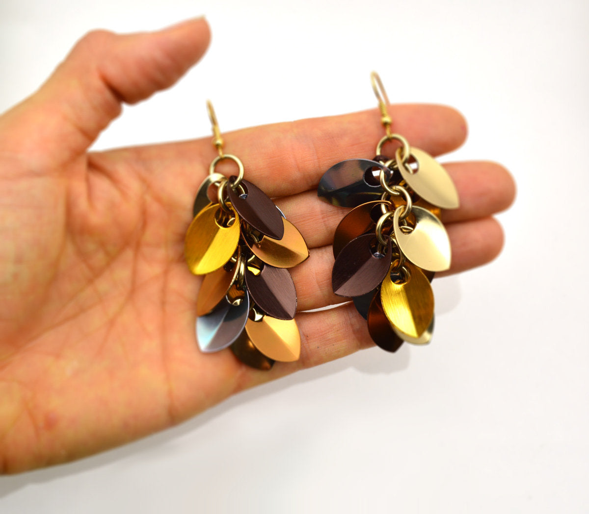 Cascading Leaves Long Earrings - Brown Metallic Mix