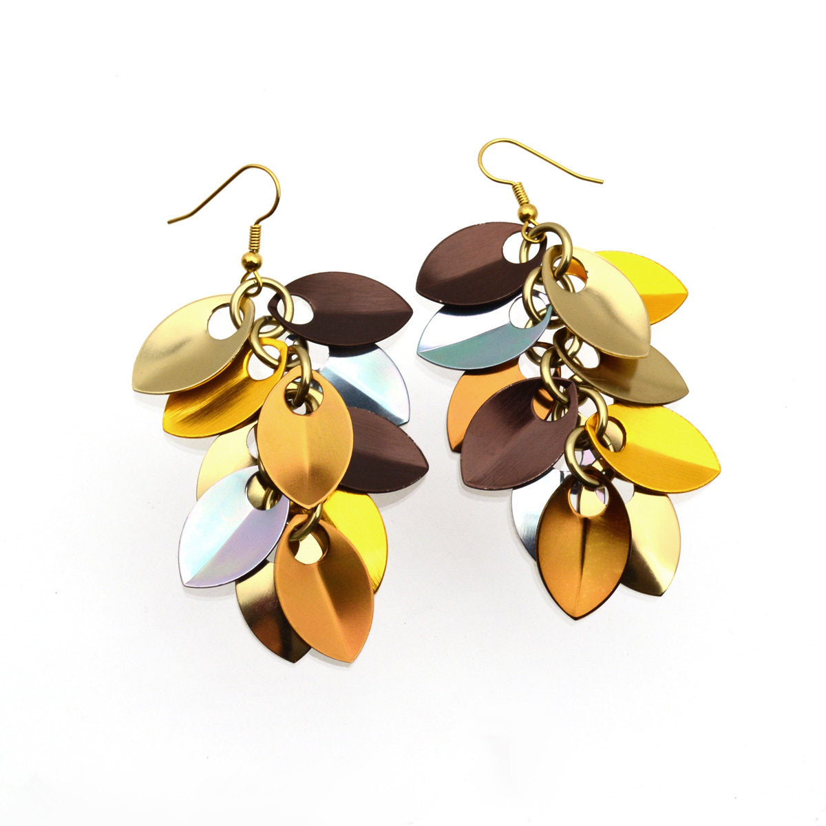 Cascading Leaves Long Earrings - Brown Metallic Mix