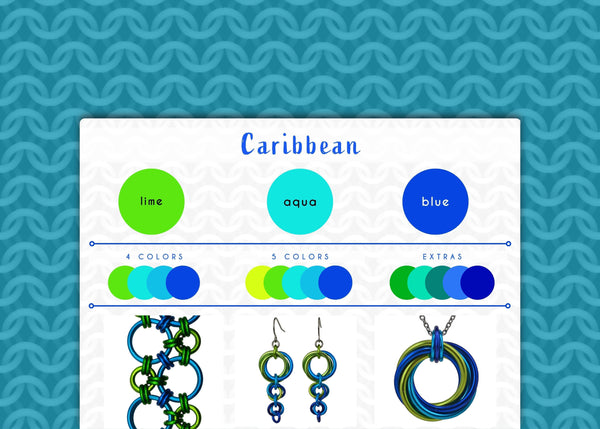 Caribbean color palette graphic by Rebeca Mojica with lime, aqua and blue swatches. The graphic is framed with an aqua cgi chainmaille mesh design. Beneath the swatches are images of chainmaille jewelry made in this palette
